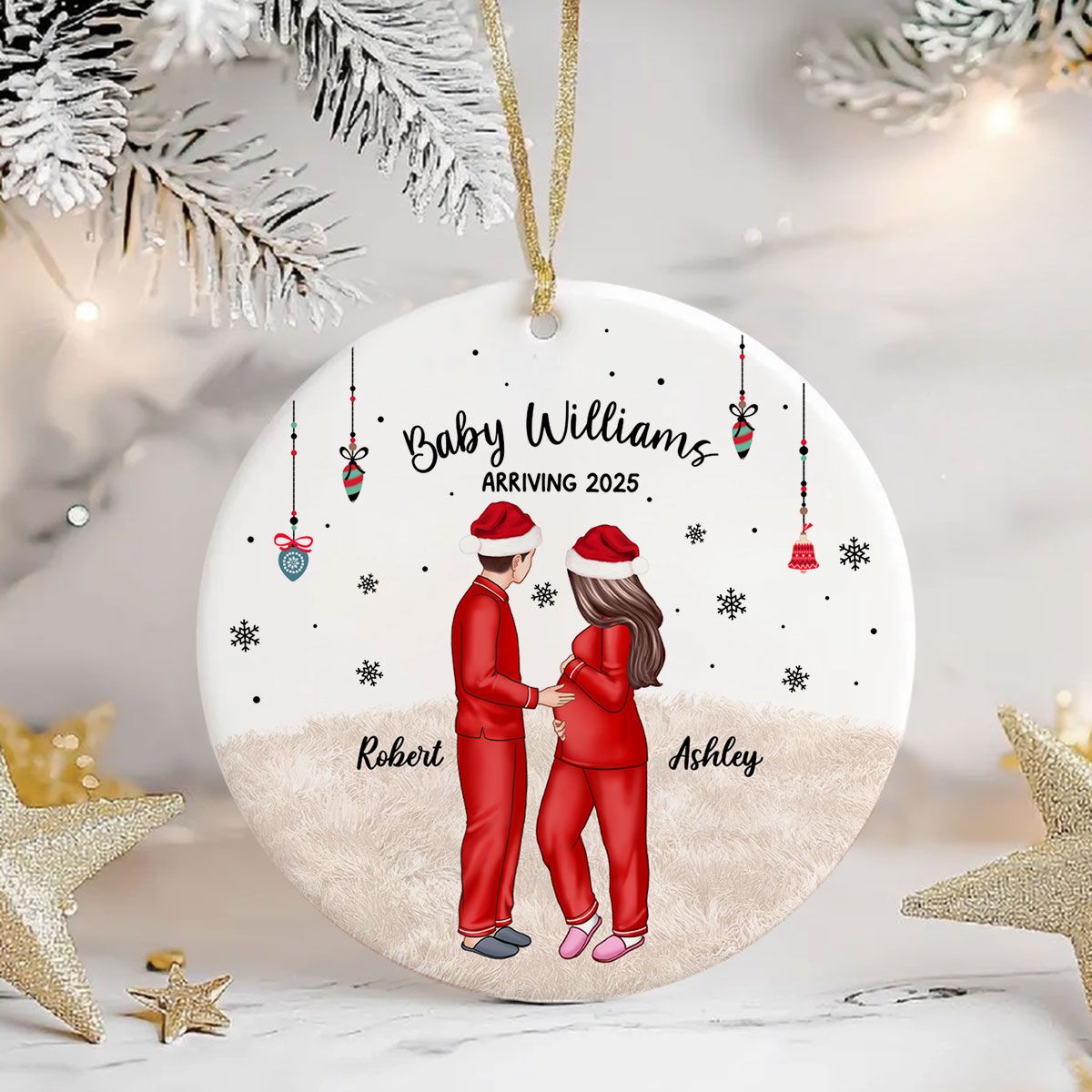 Personalized Pregnancy Ornament, Expecting Family Christmas Personalized Circle Ceramic Ornament, New Mom Christmas Gift