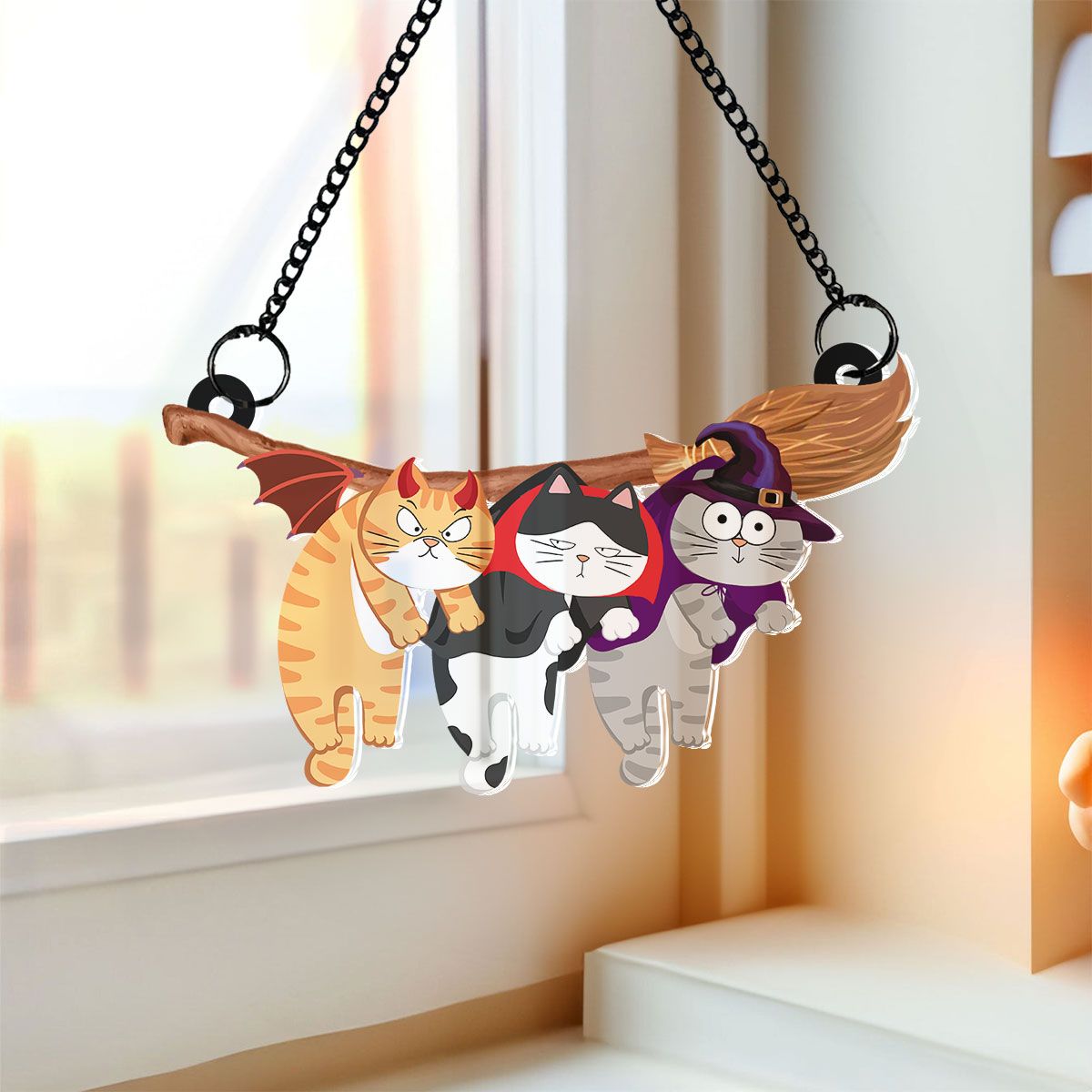 Naughty Cats Hanging On Halloween Broom Personalized Suncatcher, Halloween Decor