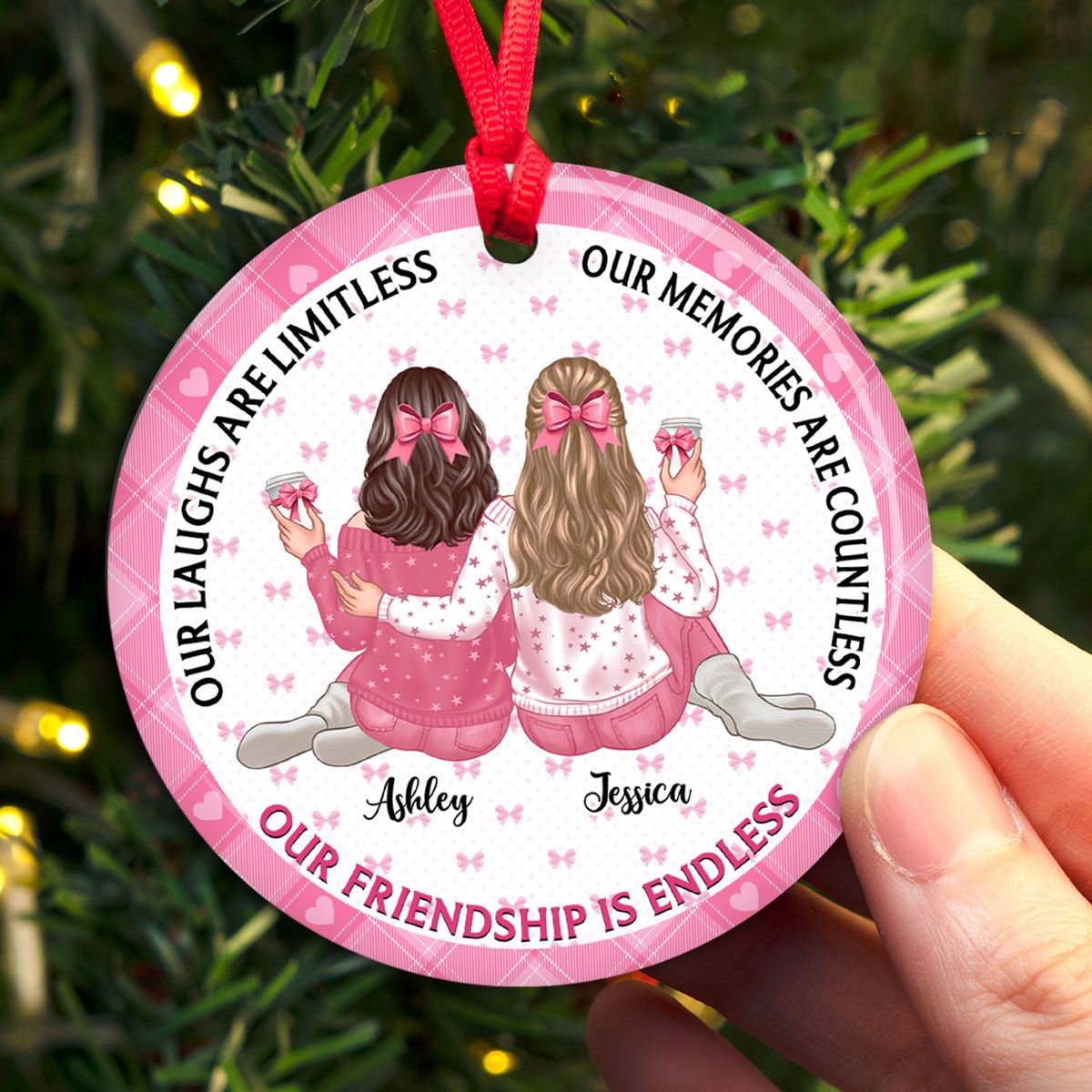 Our Friendship Is Endless Besties Back View Coquette Theme Personalized Ceramic Ornament