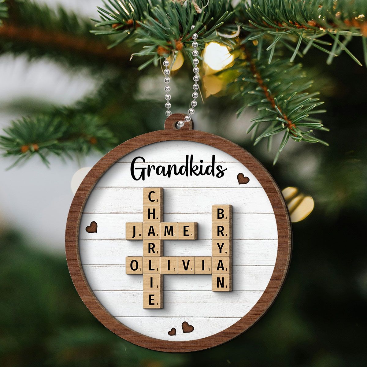 Grandkids Crossword Puzzle Art Personalized 2-Layer Wooden Ornament, Christmas Gift For Grandma, Gift For Mom