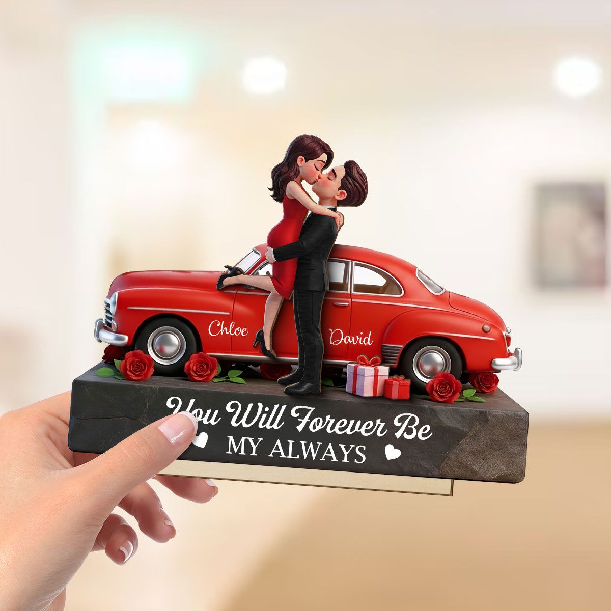 Romantic Couple Hugging Kissing Valentine Car - Personalized 2-Layered Wooden Plaque - Valentine's Day Gift For Couple
