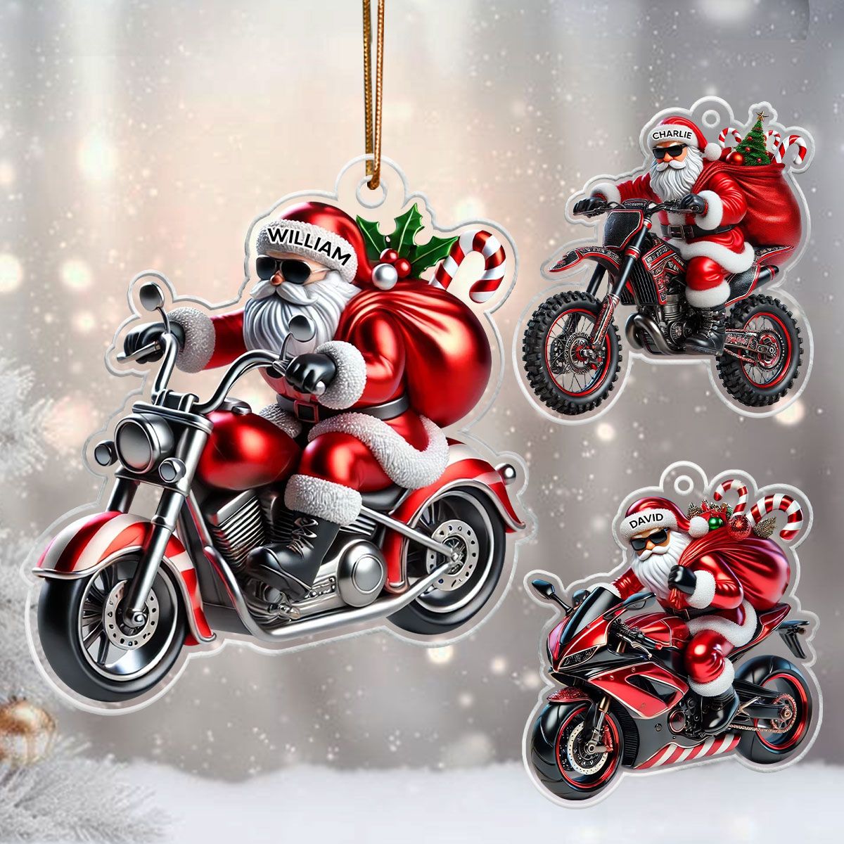 Santa Claus Riding Motorbike Christmas Personalized Acrylic Ornament, Motorcycle, Motocross, Bikers Christmas Gift