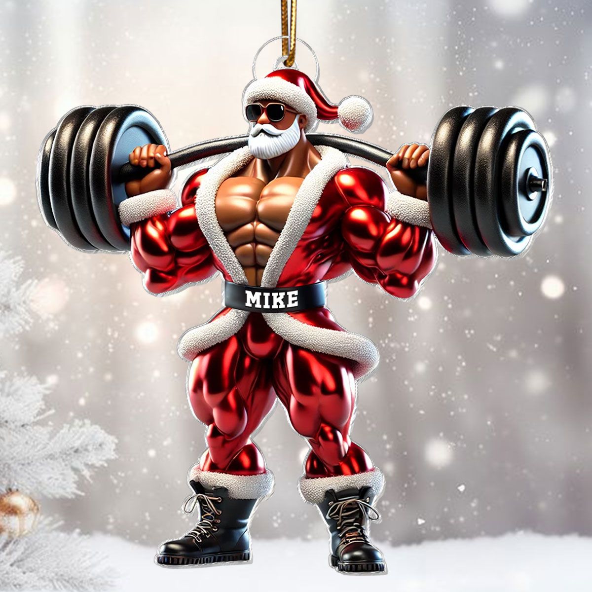 Santa Claus Weightlifting Christmas Personalized Acrylic Ornament, Gym, Bodybuilding, Fitness Christmas Gift