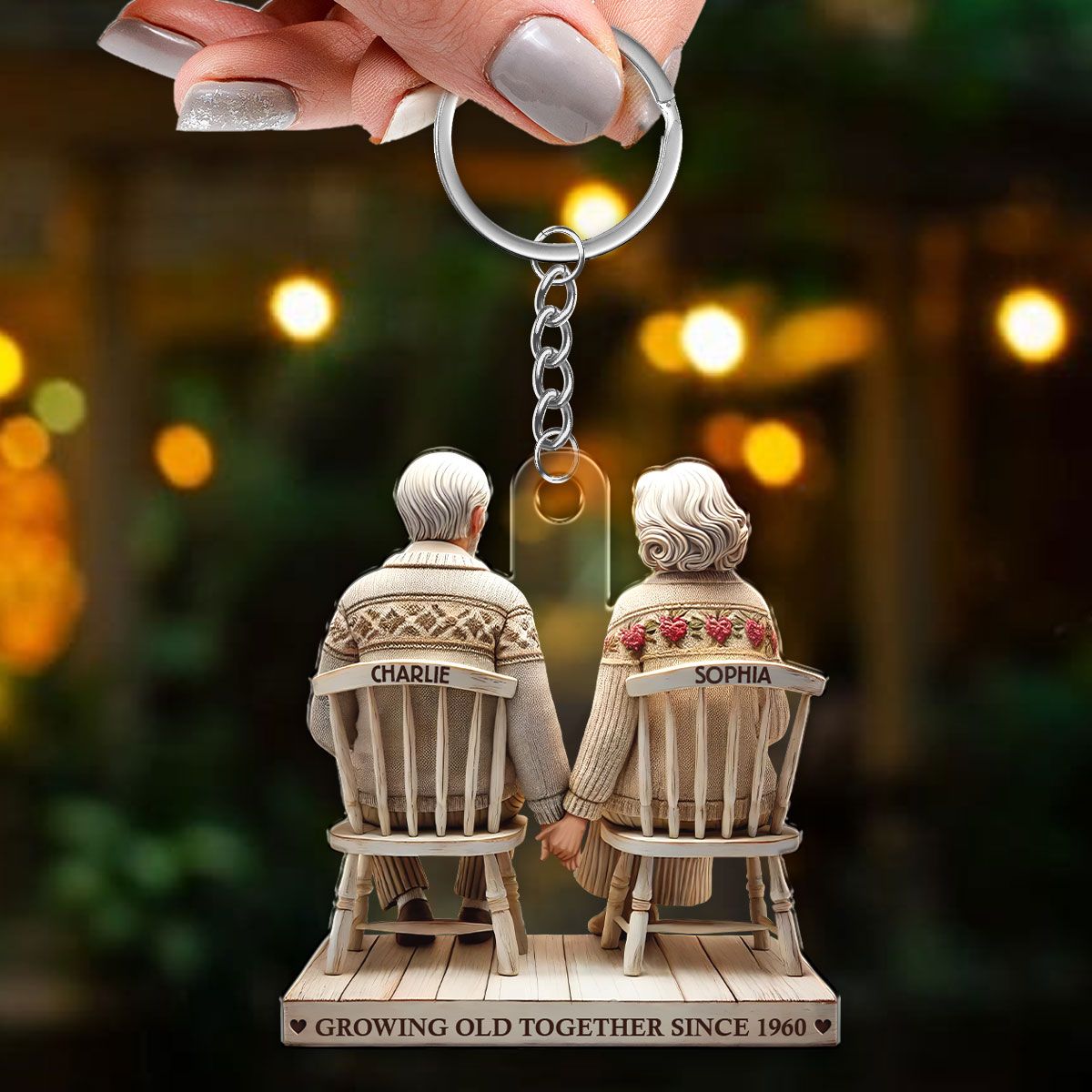 Old Couple Holding Hands Sitting Together Personalized Keychain, Heartfelt Gift For Couple, For Him, For Her, Husband, Wife