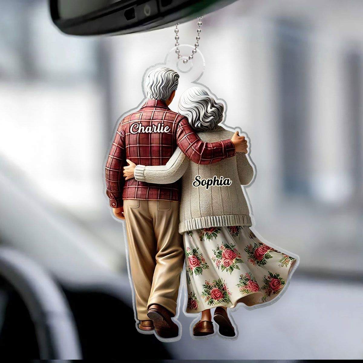 Old Couple Walking Together Personalized Car Hanger Ornament, Heartfelt Gift For Couple, For Him, For Her, Husband, Wife