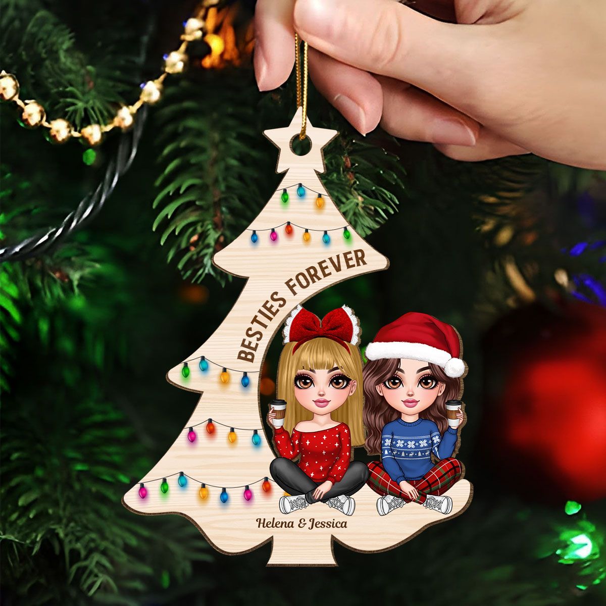 Pretty Besties Sisters Sitting Christmas Tree Personalized Wooden Ornament, Christmas Gift for Best Friends, Sisters