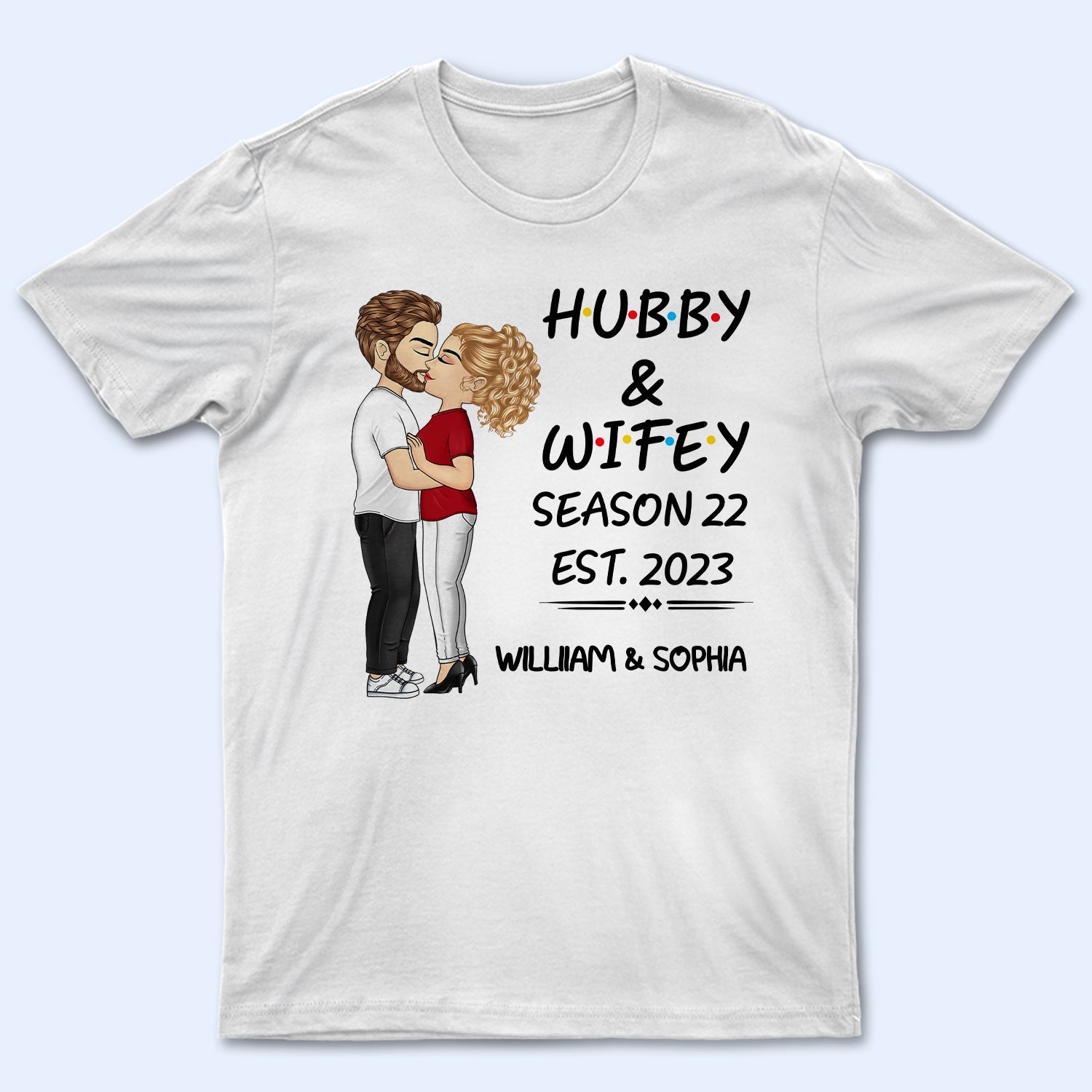 Hubby And Wifey Seasons Chibi Kissing Couple Sideview - Birthday, Anniversary Gift For Spouse, Lover, Husband, Wife, Boyfriend, Girlfriend - Personalized T Shirt