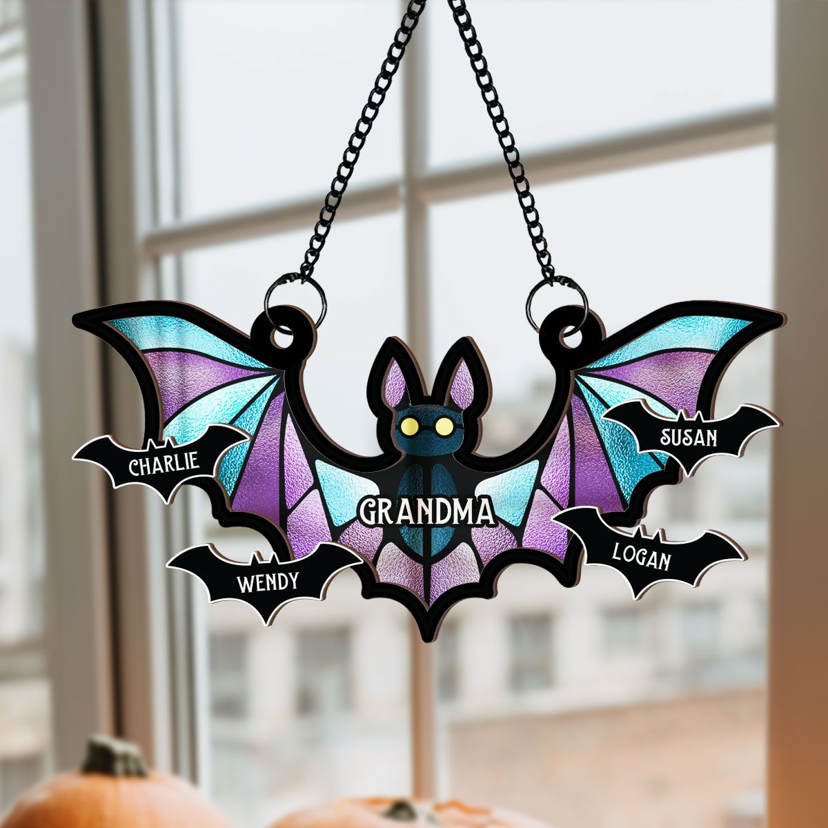 Grandma Spooky Bat Personalized Window Hanging Suncatcher Ornament, Halloween Decor