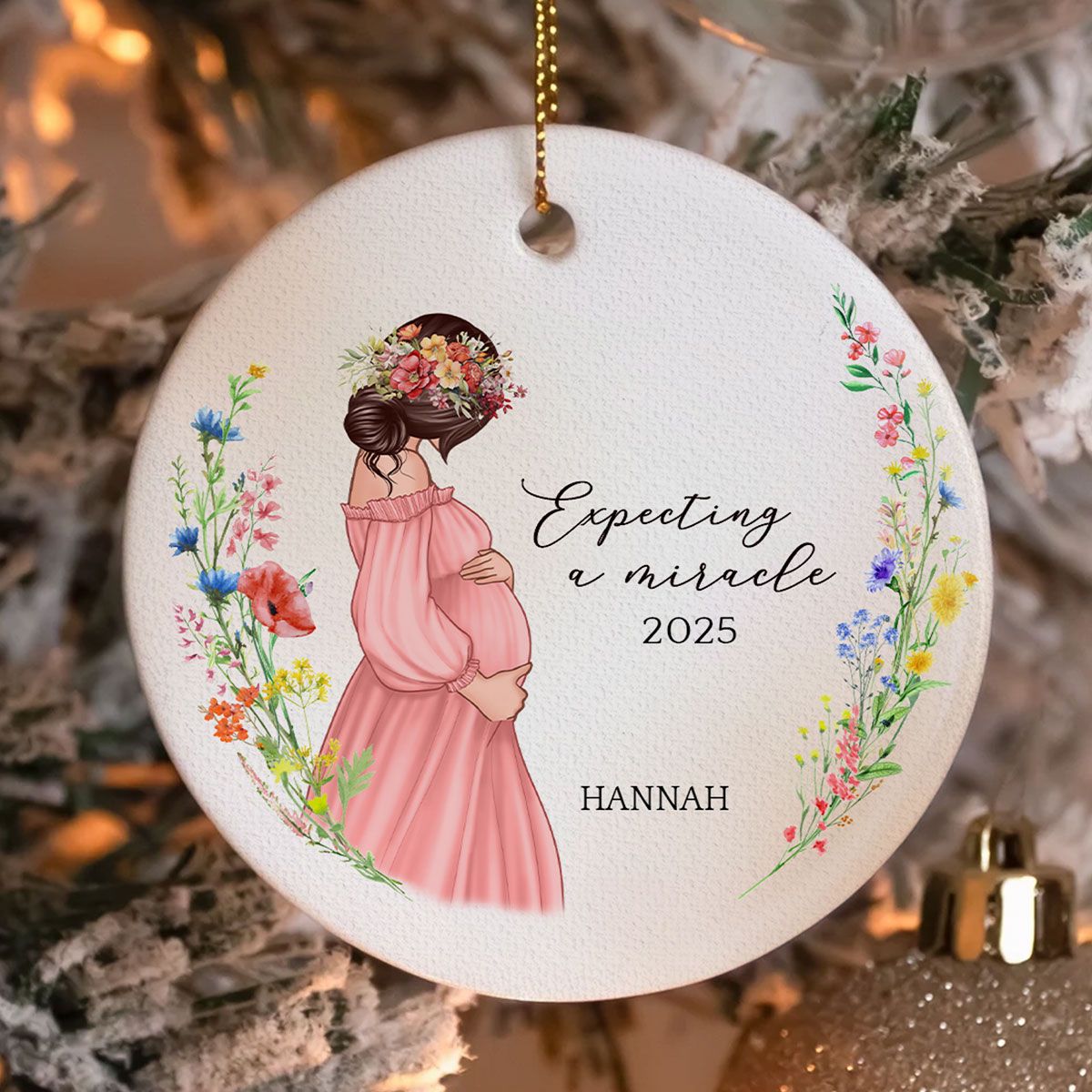 Pregnant Mom Watercolor Wildflowers, Baby Bump's First Christmas, Pregnancy Announcement Personalized Circle Ceramic Ornament