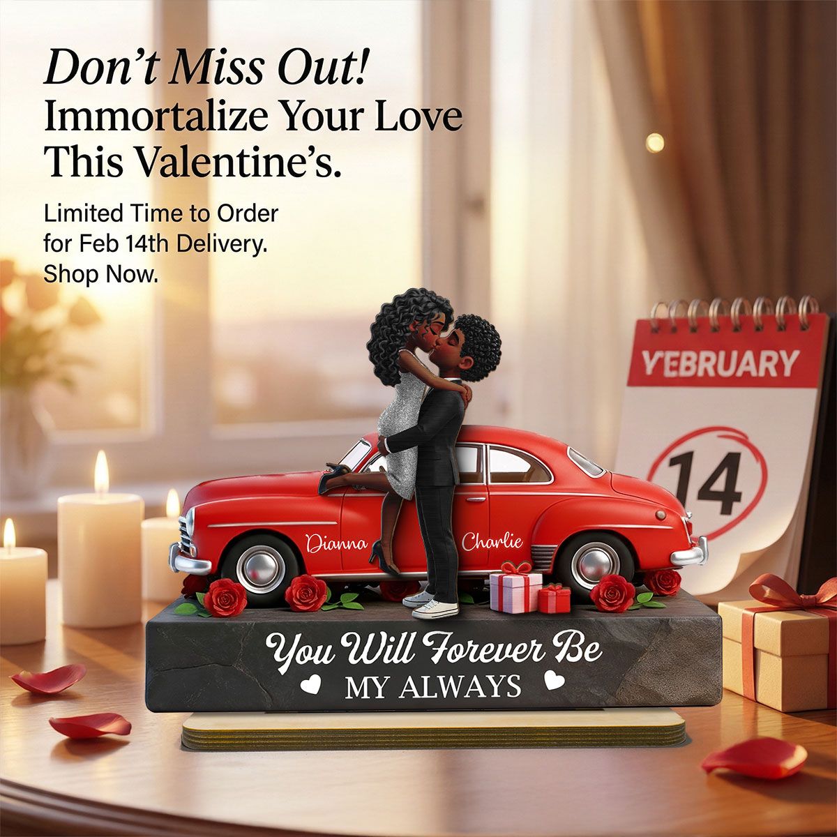 Romantic Couple Hugging Kissing Valentine Car - Personalized 2-Layered Wooden Plaque - Valentine's Day Gift For Couple