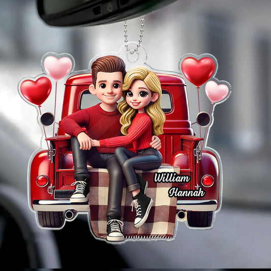 Couple Sitting On Red Truck Personalized Acrylic Car Hanger, Valentine's Day Gift, Anniversary Gift For Couples