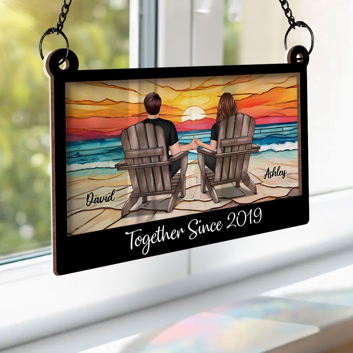 Couple Sitting Back View At Beach Landscape Stained Glass Personalized Suncatcher