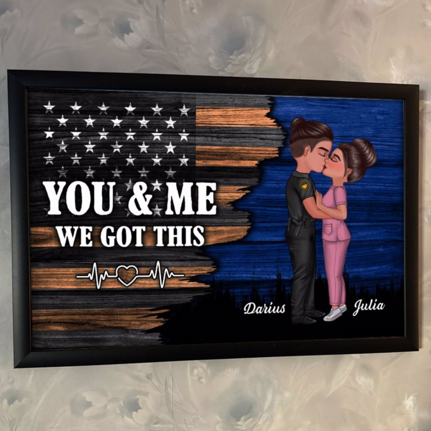 Hero Couple Kissing Half Flag Gifts by Occupation Firefighter, Nurse, Police Officer Personalized Horizontal Poster