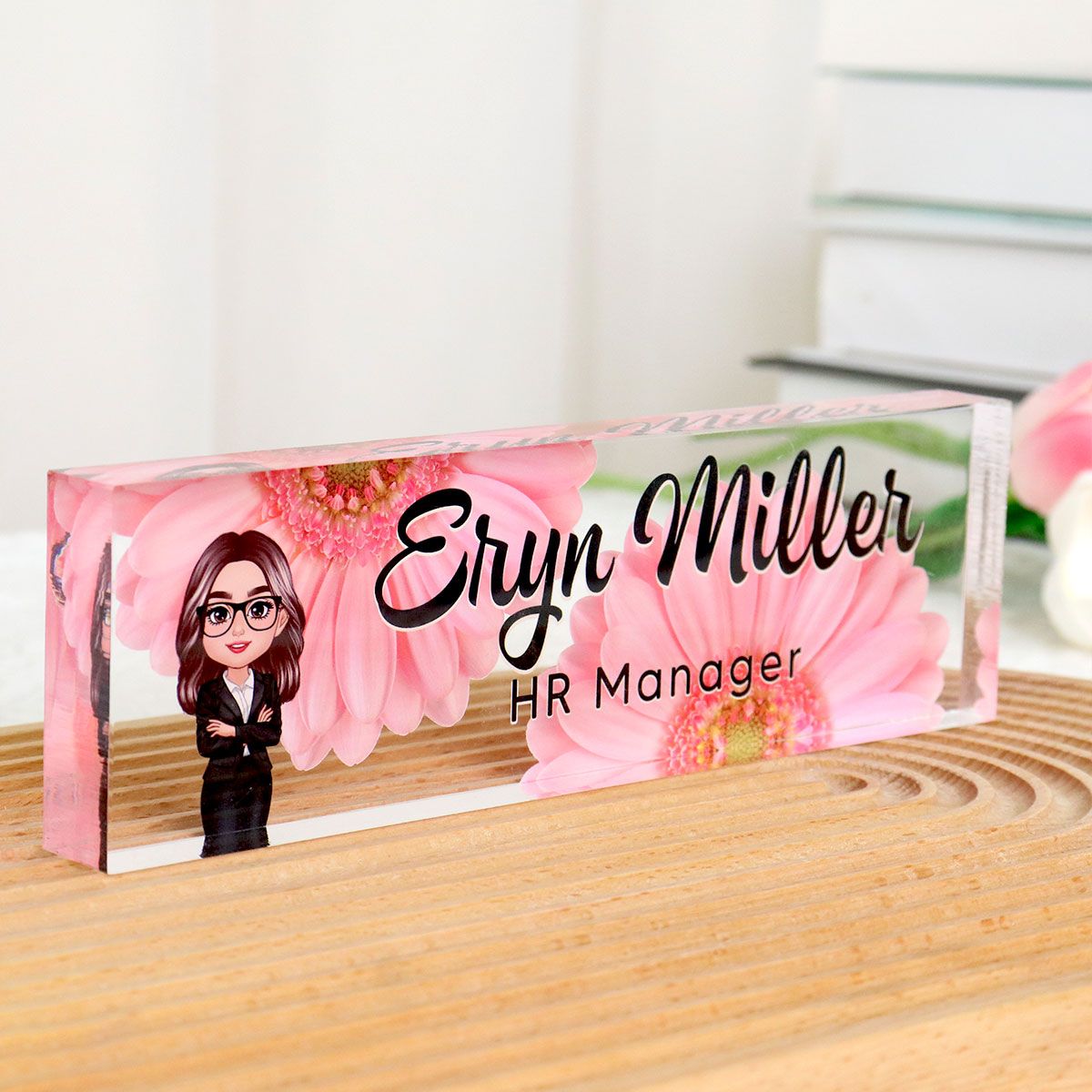 Daisy Flowers Woman Office Personalized Acrylic Desk Name Plate, Office Desk Decor, Gift For Colleagues, Coworkers, Boss, Nurses, Doctors, Healthcare Workers, Police, Firefighters