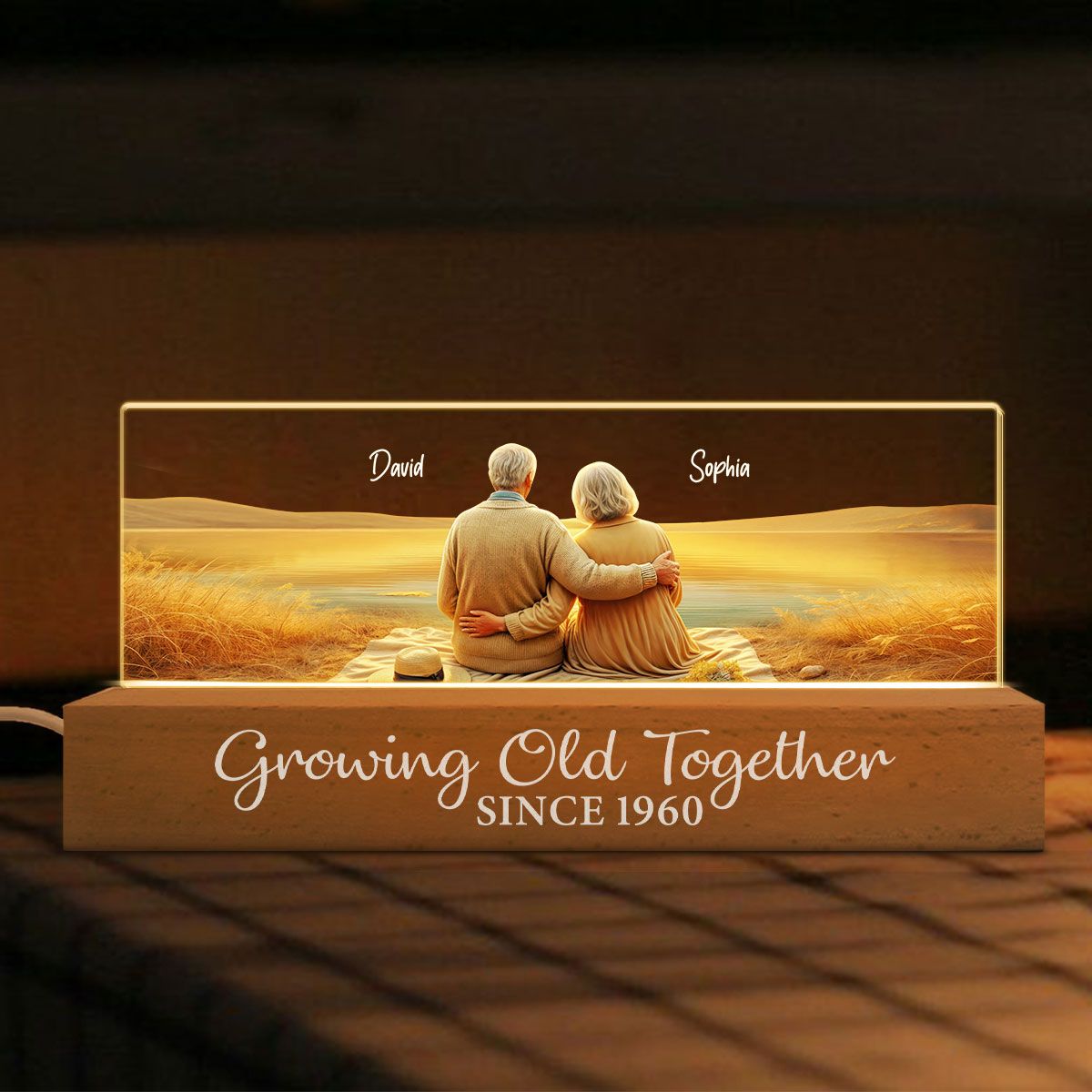 Growing Old Together Personalized Acrylic Block LED Night Light, Anniversary Birthday Gift For Husband, Wife, Old Couple, Parents