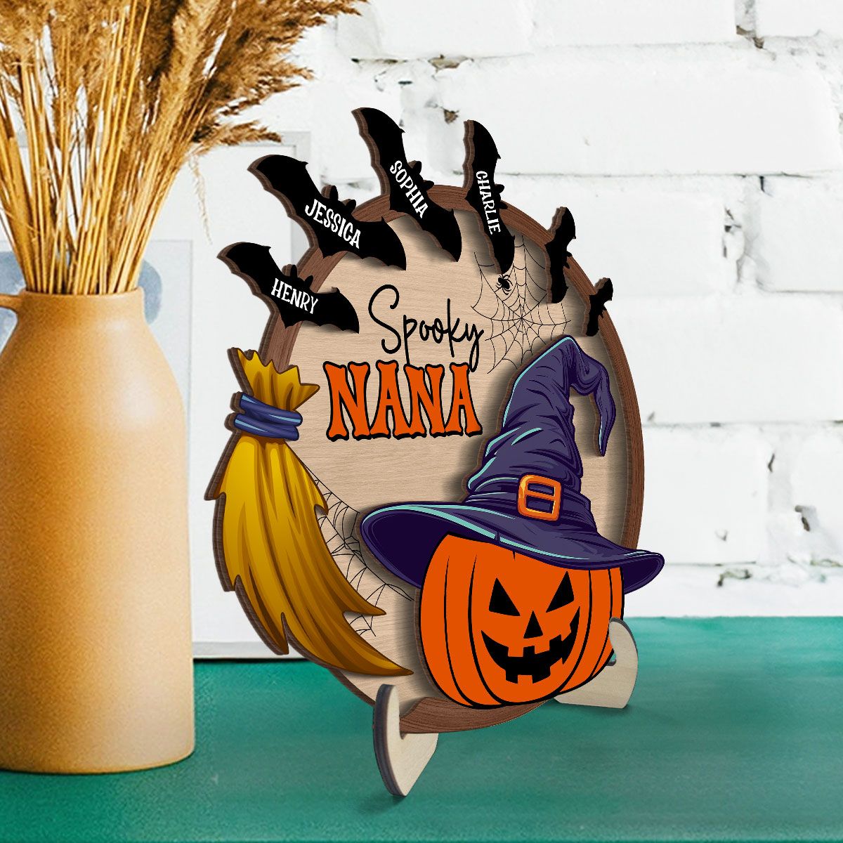 Spooky Grandma Mom Pumpkin Witch Hat Personalized 2-Layer Standing Wooden Plaque, Halloween Decor