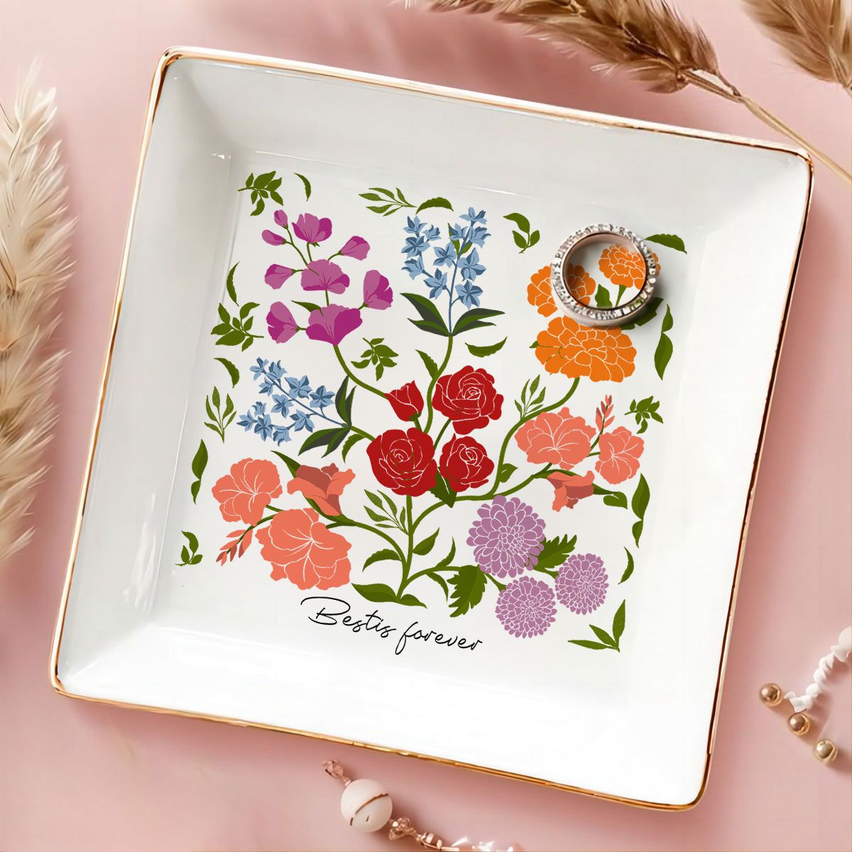 Custom Sisters Besties Birth Flower Bouquet Artwork Minimalist Personalized Jewelry Dish