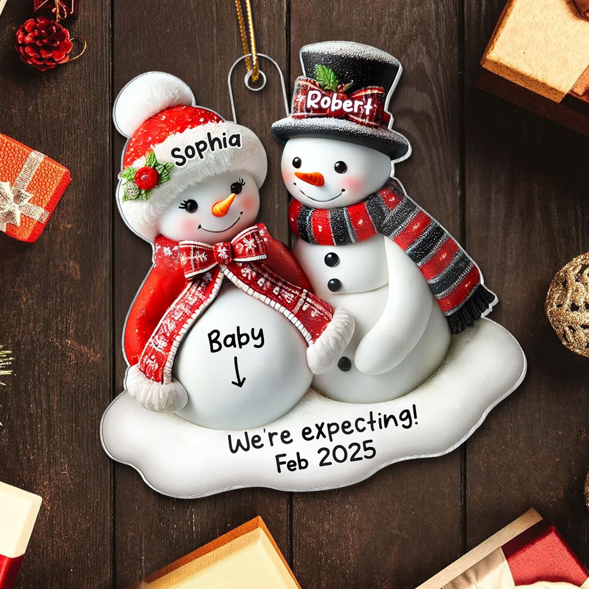 Snowman Couple Expecting Parents Pregnancy Announcement Keepsake Personalized Acrylic Ornament