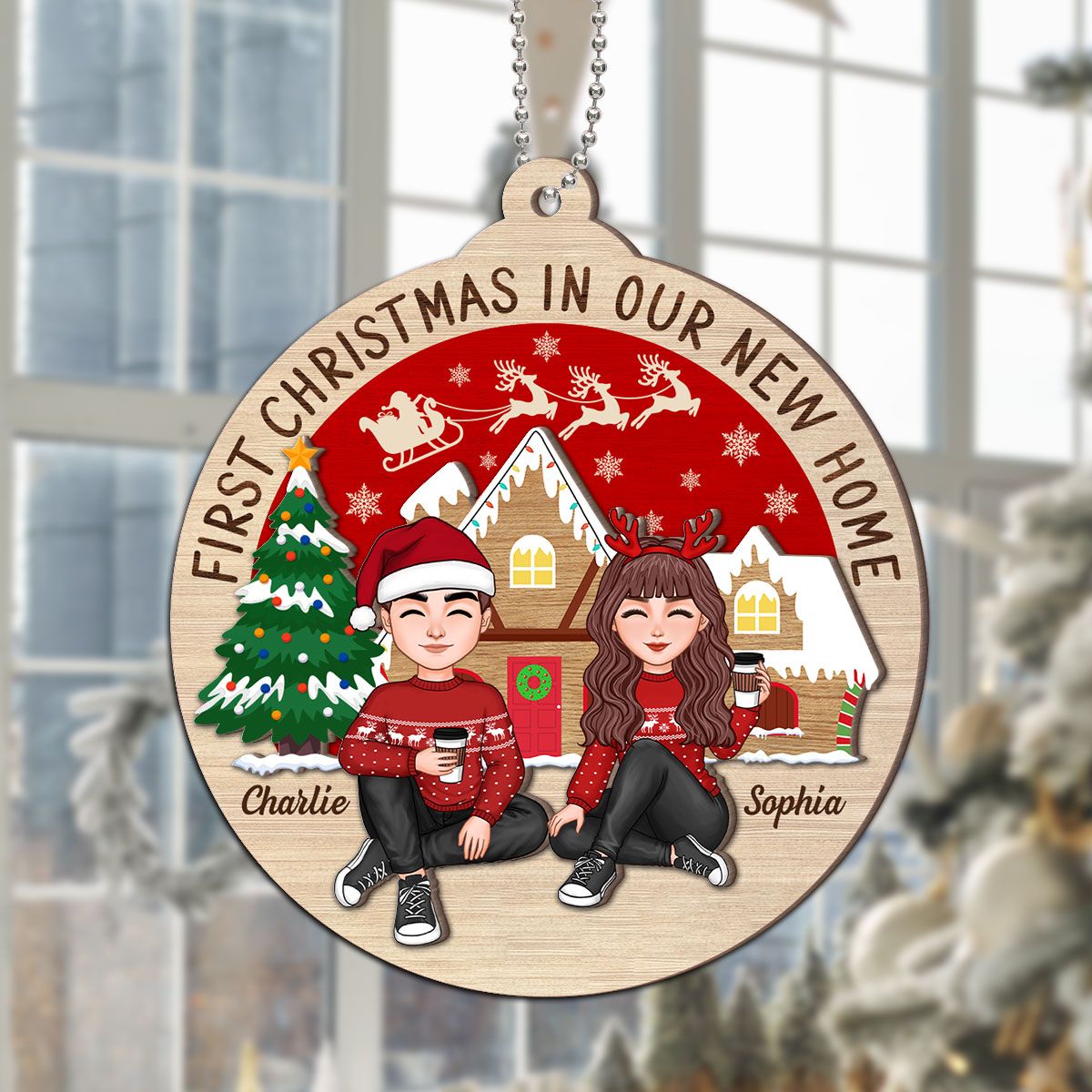 First Christmas In Our New Home Couple Sitting Personalized 2-Layer Ornament