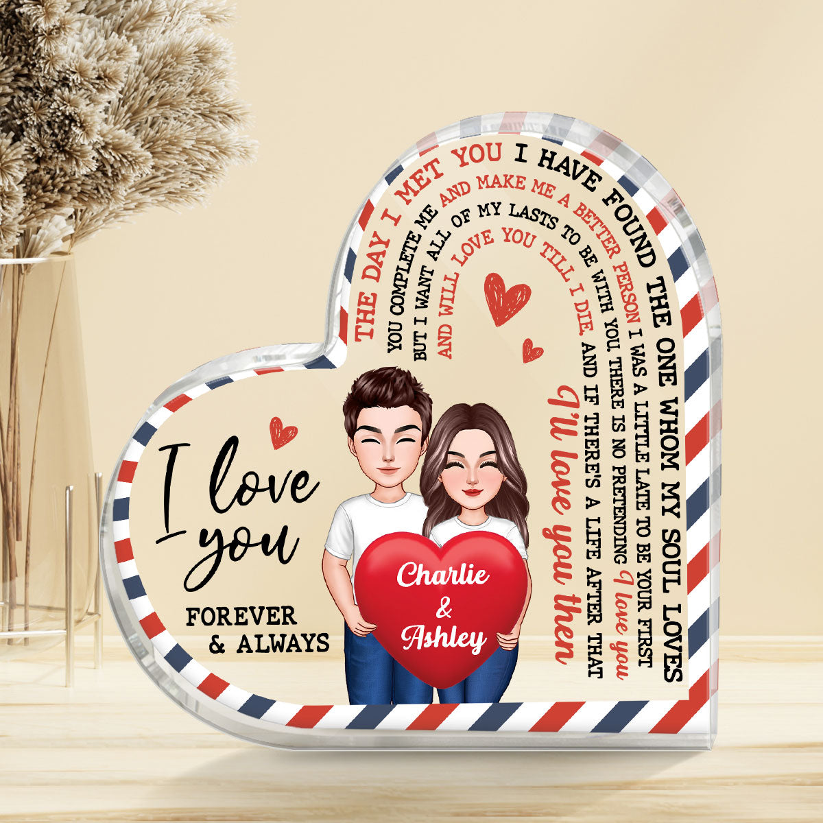 The Day I Met You Couple Holding Heart Envelope Frame Personalized Heart Shape Acrylic Plaque