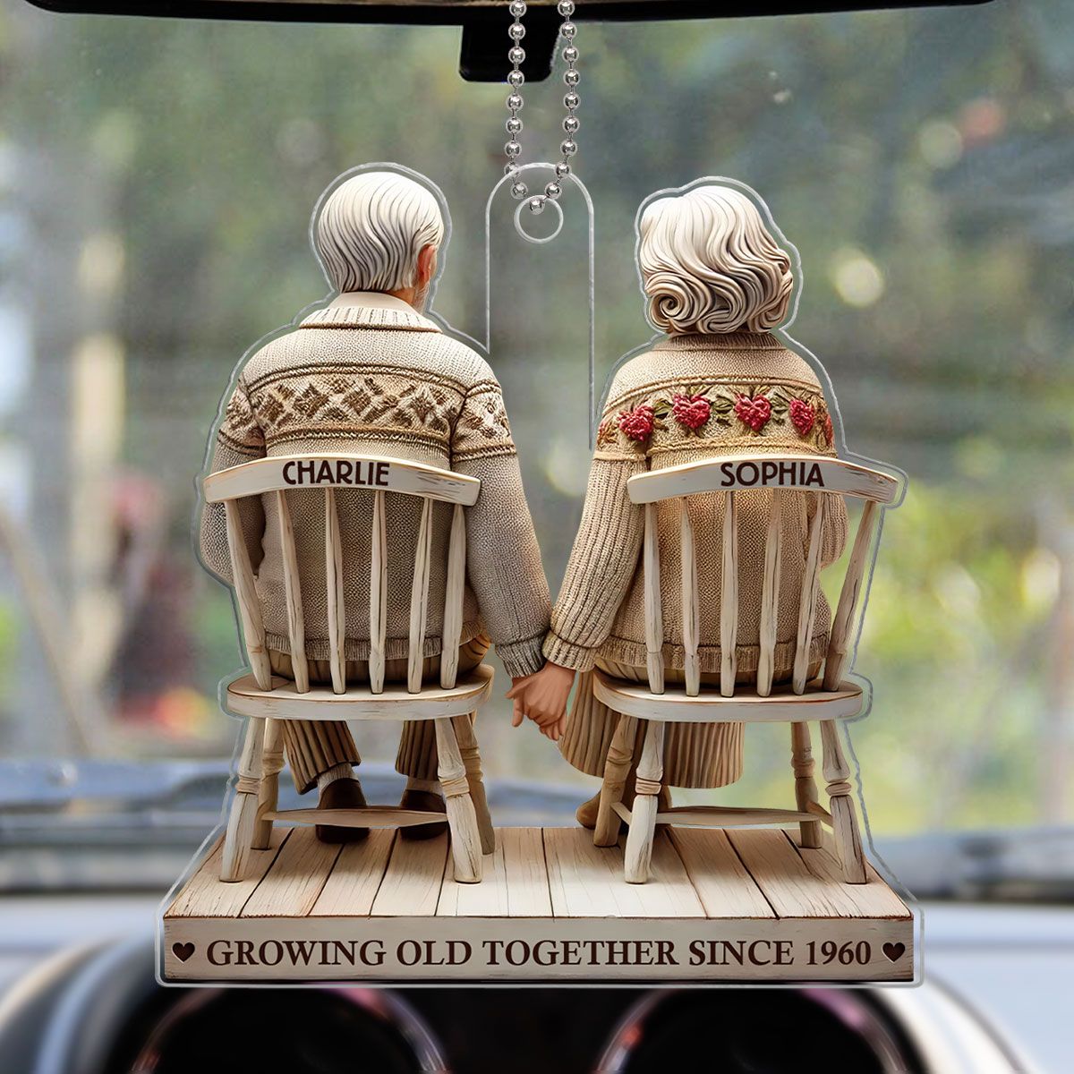 Couple Sitting Holding Hands Growing Old Together Personalized Acrylic Car Hanger Ornament, Heartfelt Valentine's Day Gift For Couple, For Him, For Her, Husband, Wife