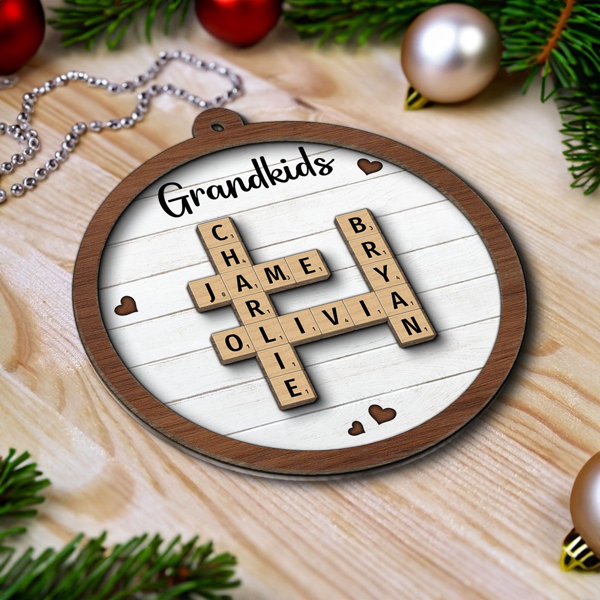 Grandkids Crossword Puzzle Art Personalized 2-Layer Wooden Ornament, Christmas Gift For Grandma, Gift For Mom