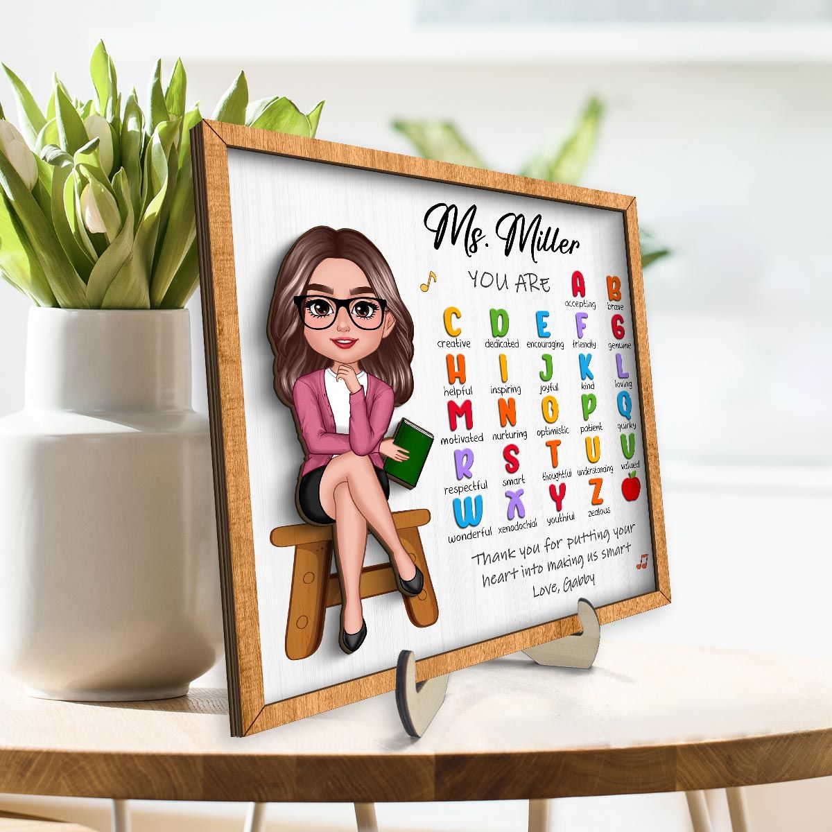 Teacher Appreciation Gift Thank You Alphabet Characteristics Teacher Sitting Personalized 2-Layer Wooden Plaque