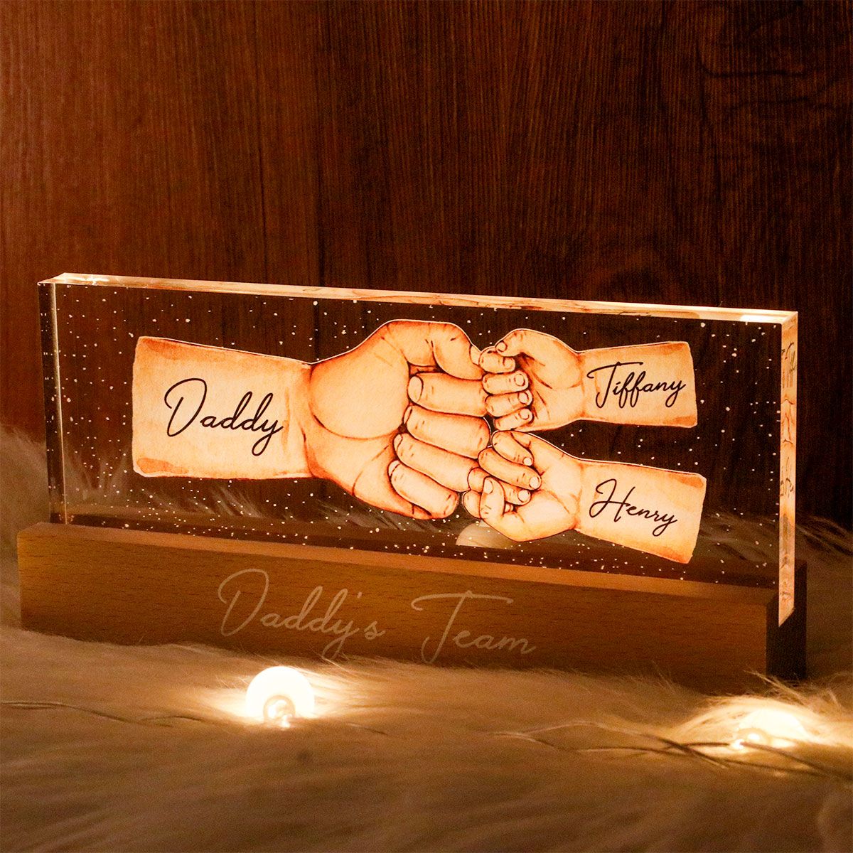 Daddy's Team Fist Bump Personalized Acrylic LED Night Light, Father's Day Gift For Dad, For Grandpa, For Husband