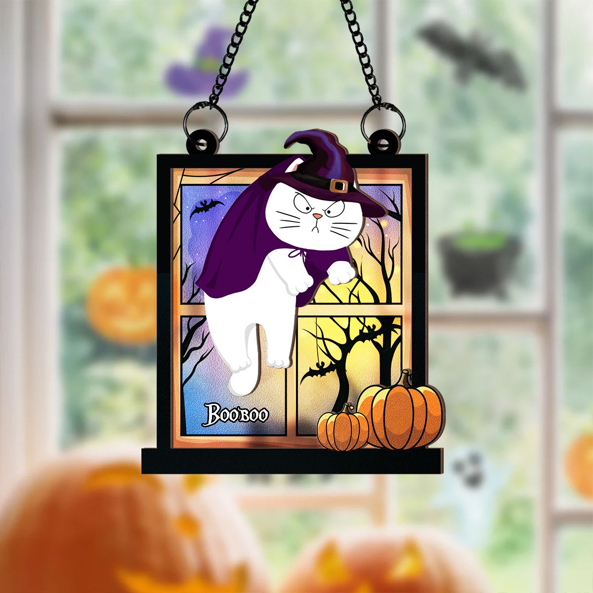 Halloween Cats Hanging On Window Personalized Suncatcher, Halloween Decor