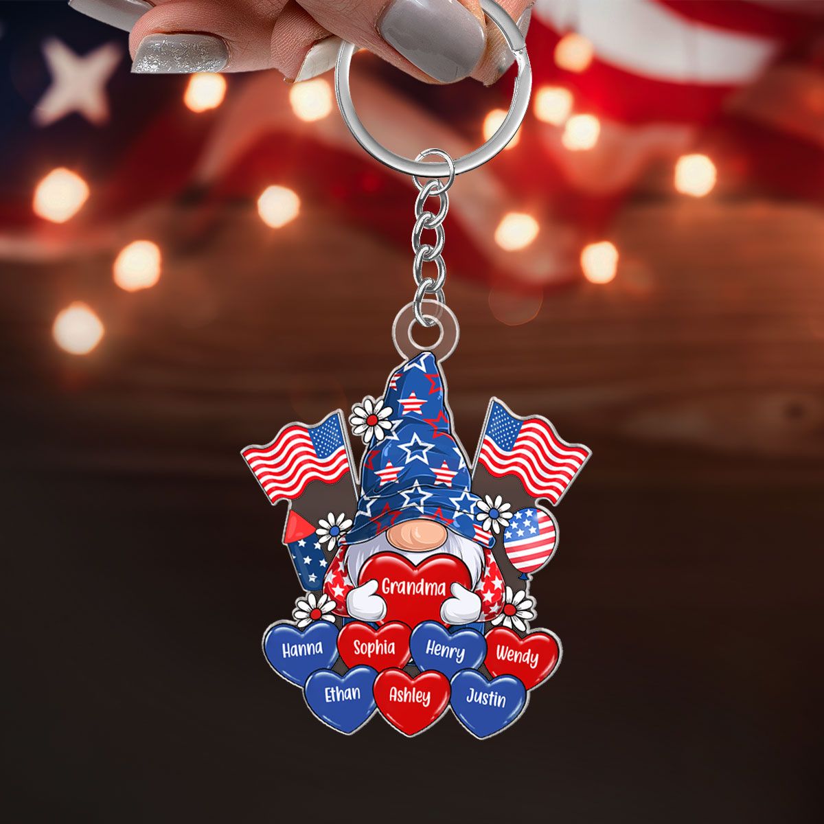 American Gnome Grandma Mom Heart, 4th Of July Personalized Acrylic Keychain