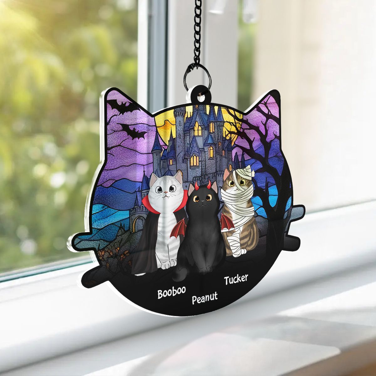 Halloween Cat Face Shaped Personalized Window Hanging Suncatcher Ornament, Halloween Decor For Cat Lovers