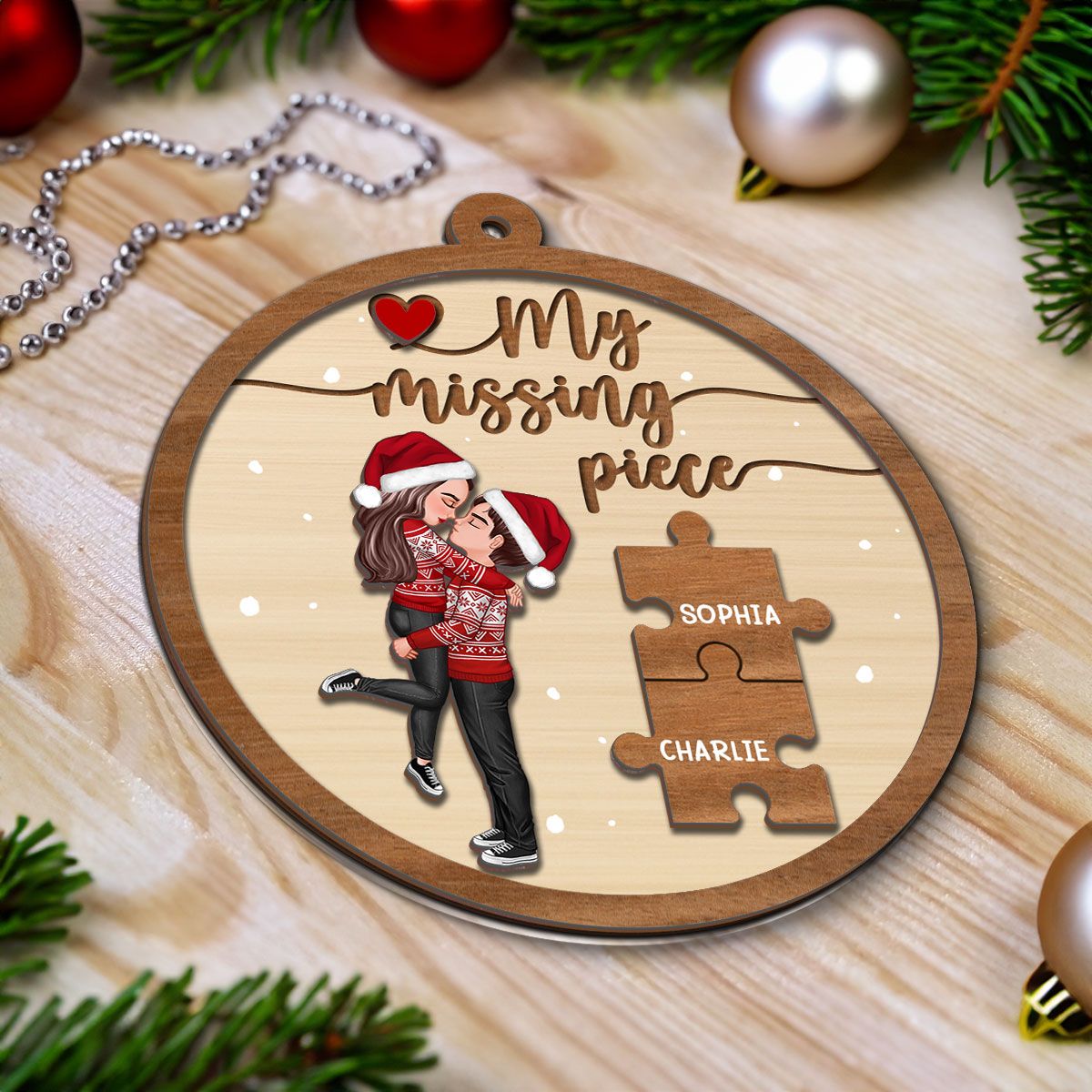 My Missing Piece Couple Hugging Kissing Christmas Personalized 2-Layer Wooden Ornament