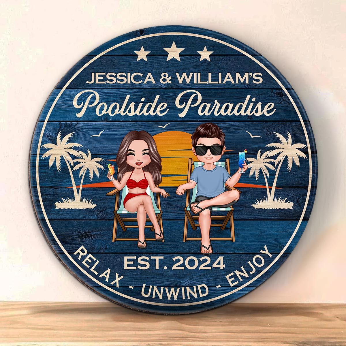 Doll Couple Sitting Poolside Paradise Personalized Wood Sign