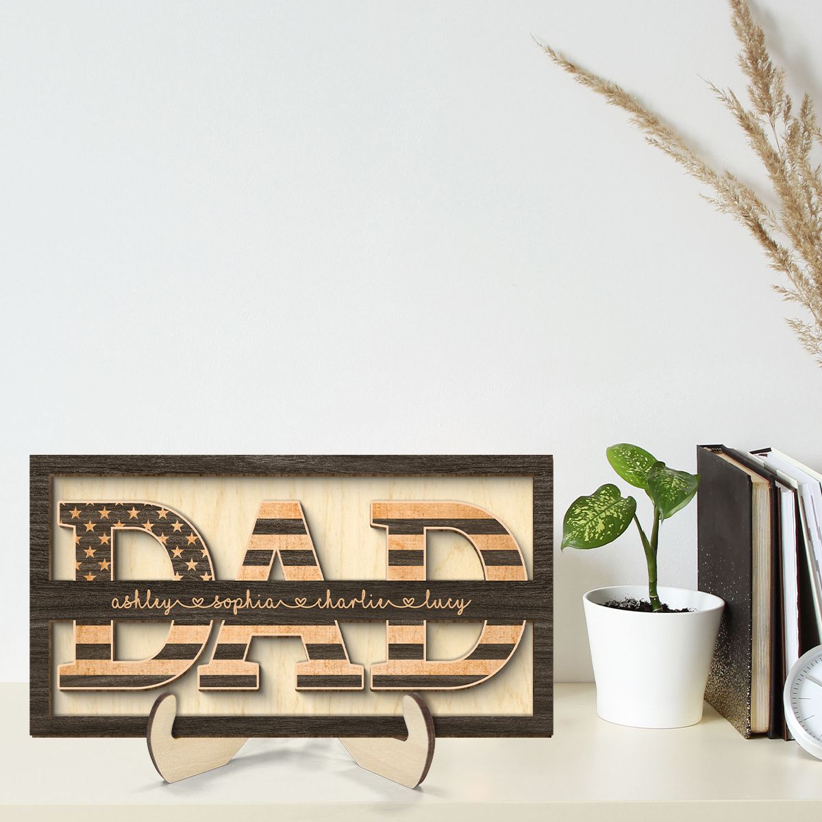 Dad Nation Flag With Kids Names Personalized 2-Layer Wooden Plaque