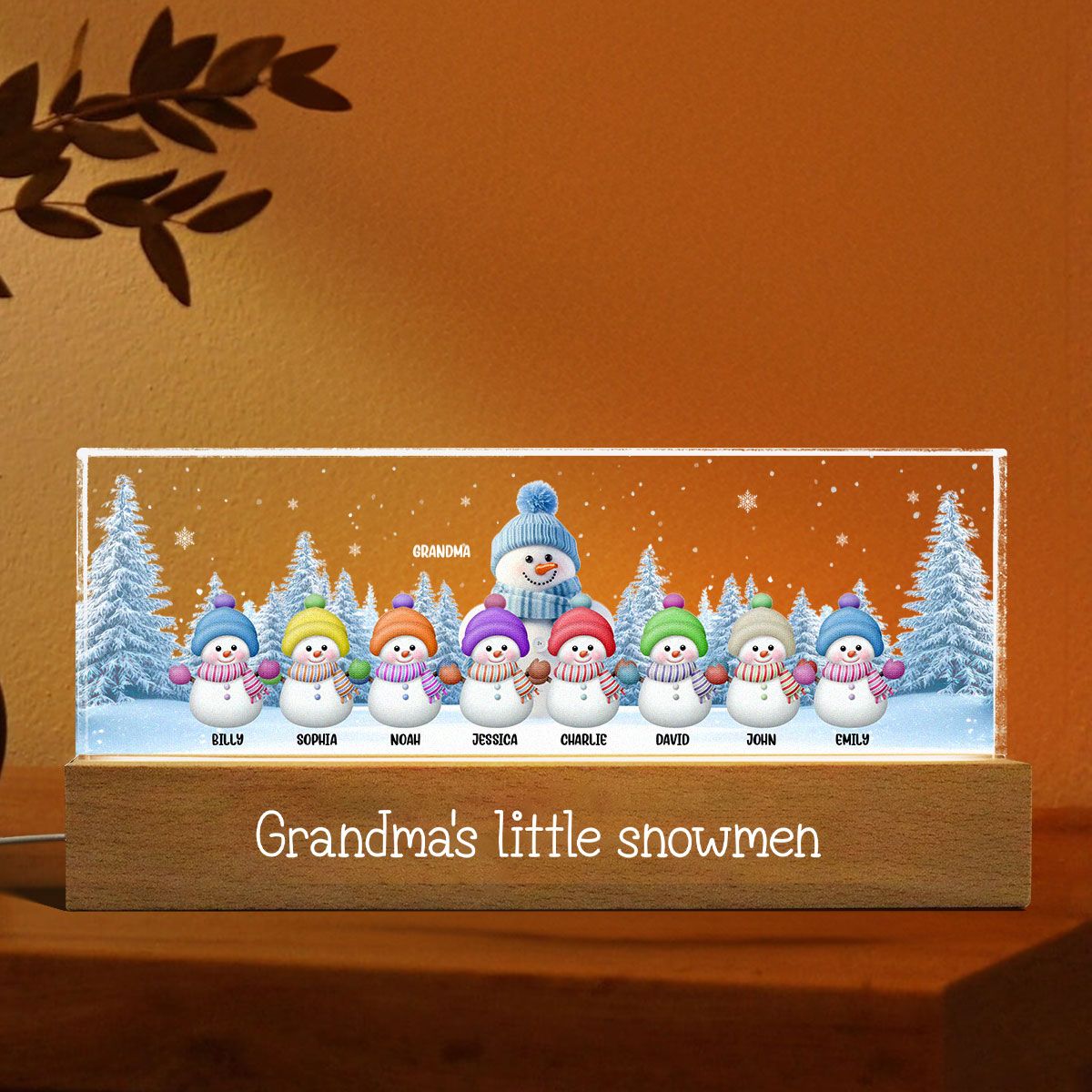 Grandma Grandkids Snowman Personalized Acrylic Block LED Night Light, Christmas Gift for Grandma