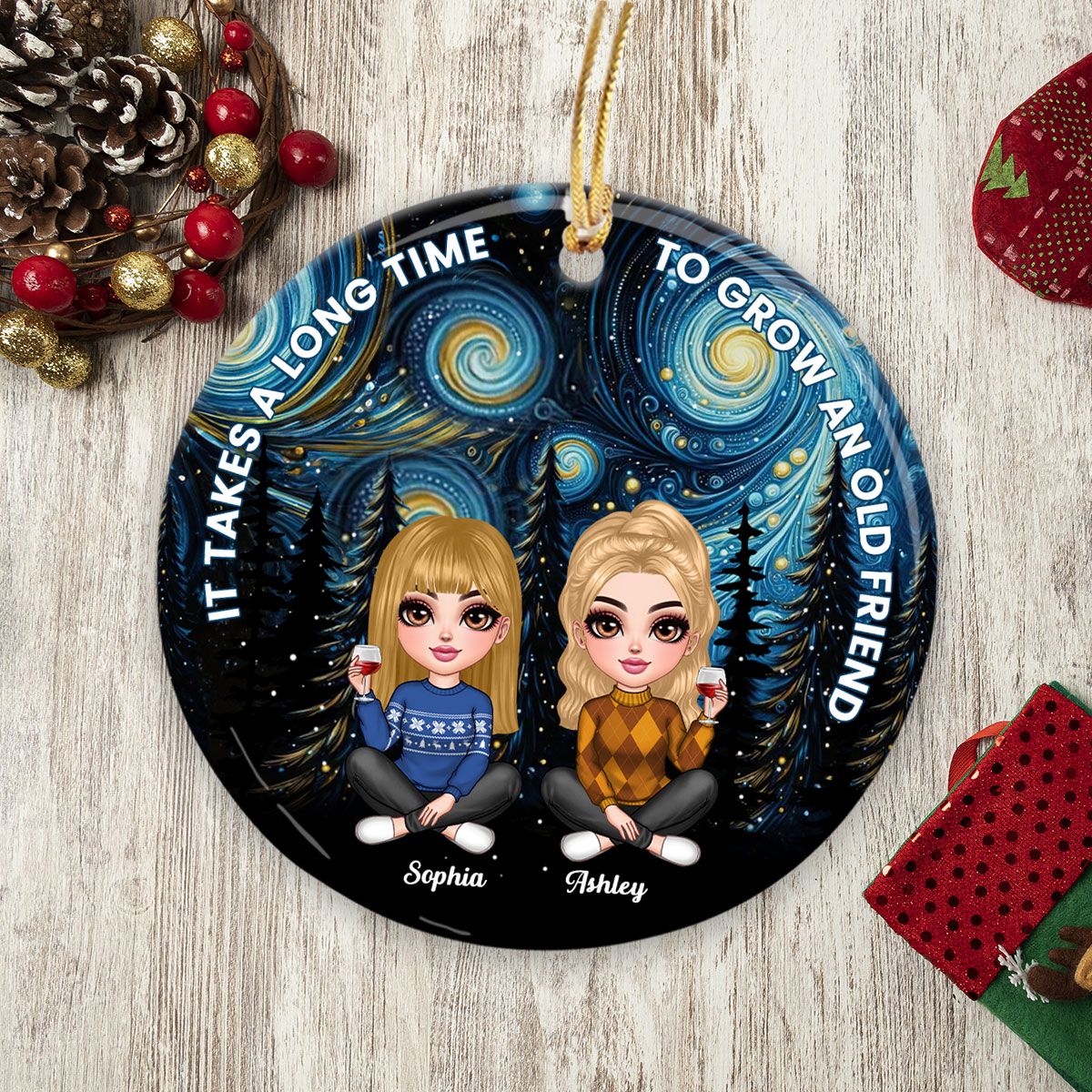 Starry Night Besties Sisters Sitting Personalized Circle Ceramic Ornament, Christmas Gift