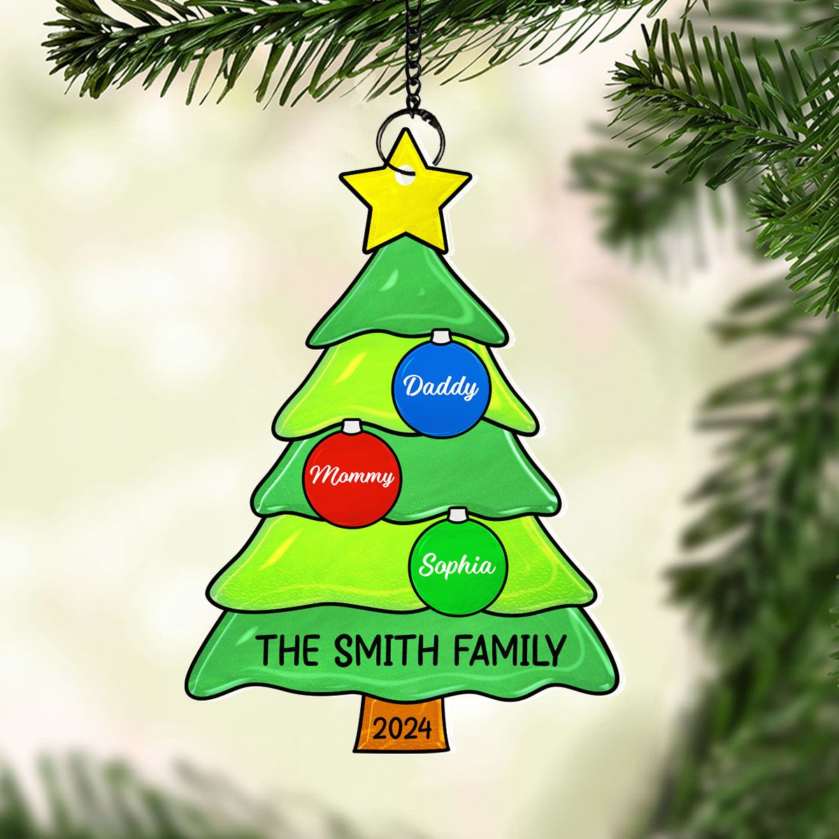 Family Christmas Tree with Jingle Bells Personalized Suncatcher, Christmas Stained Glass Decor