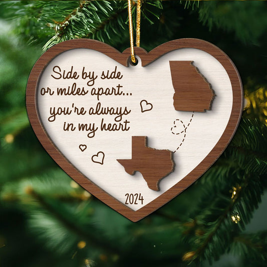 Miles Apart Long Distance Family Friendship State Map Personalized 2-Layer Wooden Ornament, Togetherness Keepsake