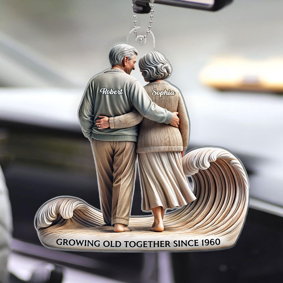 Old Couple Embracing Walking Together On The Beach Personalized Car Hanger Ornament, Heartfelt Gift For Couple, For Him, For Her, Husband, Wife