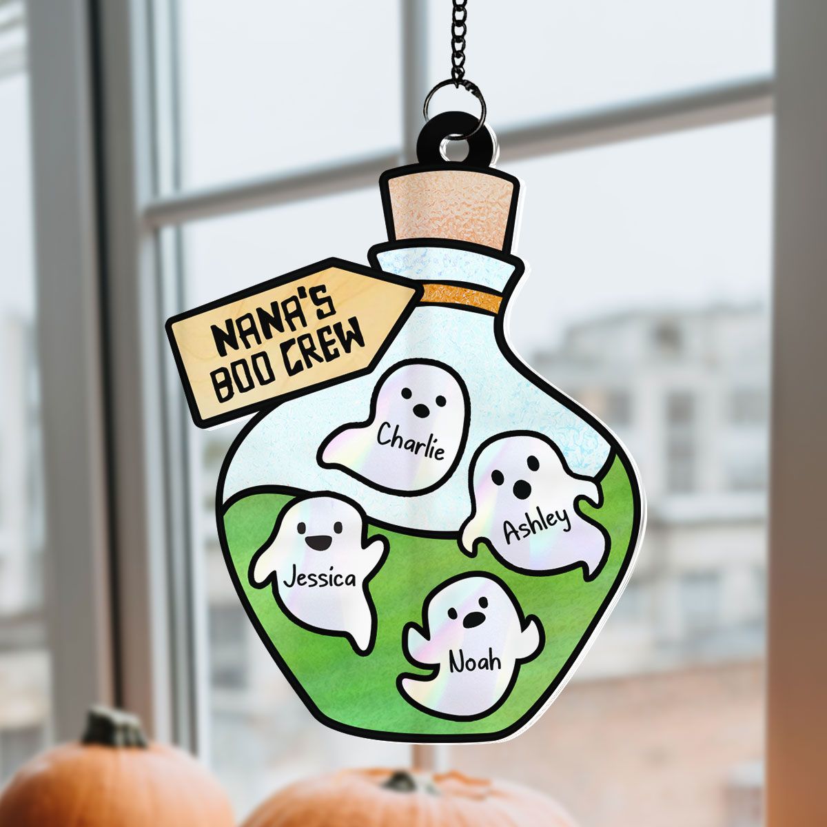 Grandma Little Poison Boo Crew Personalized Suncatcher, Halloween Stained Glass Decor