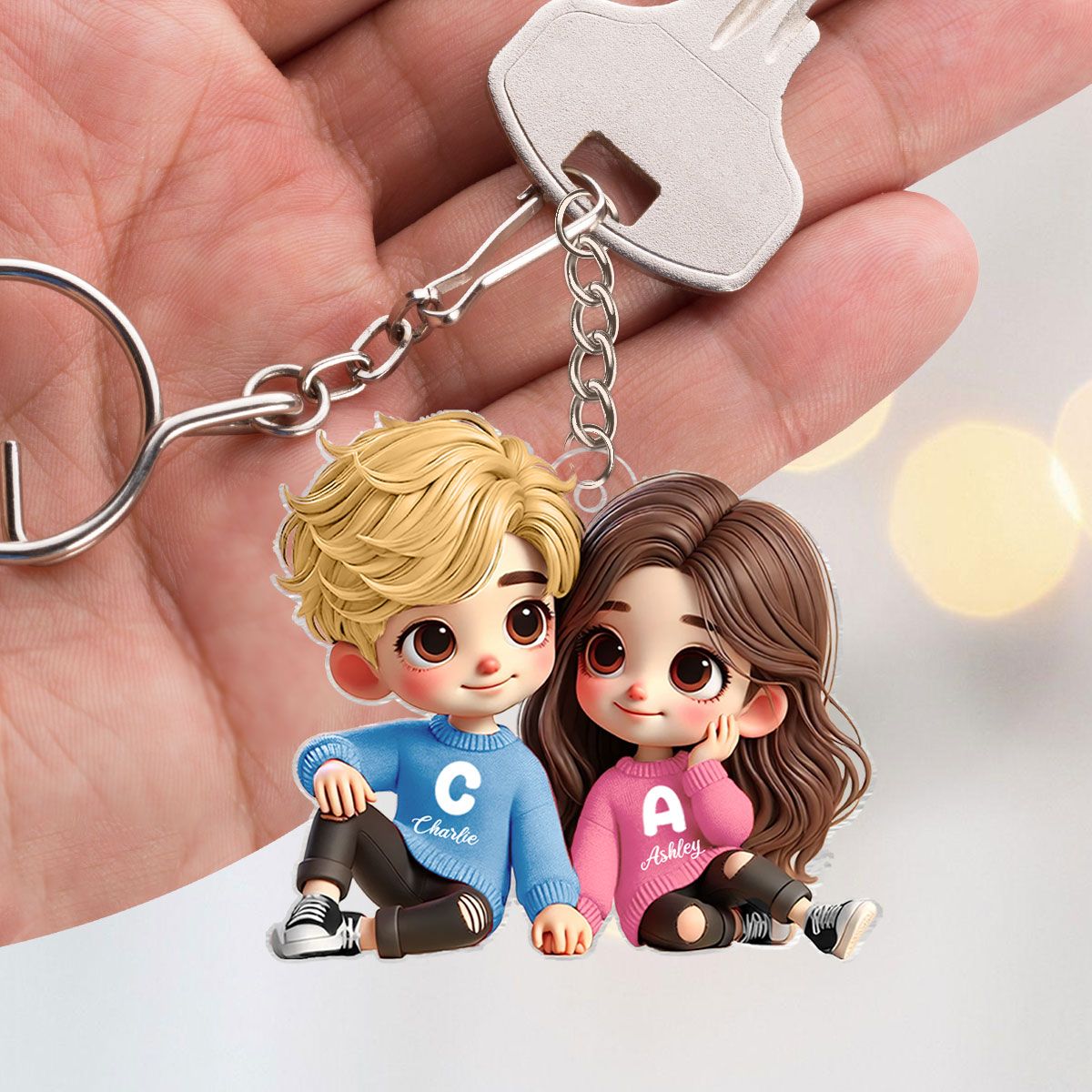 Cute Couple Sitting Together Personalized Acrylic Keychain, Gift for him, Gift for her