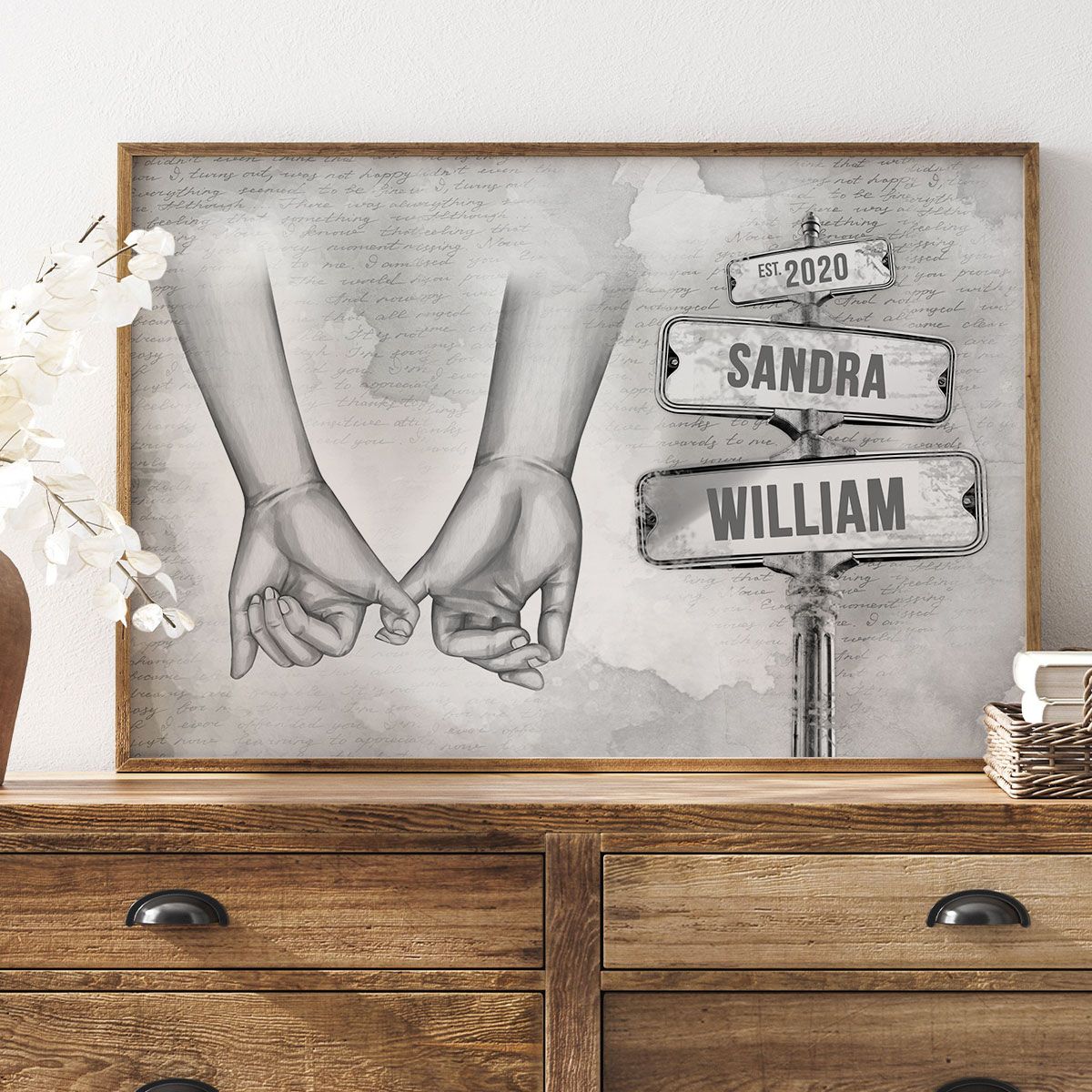 Personalized Vintage Couple Hands Pinky Promise Post Sign Canvas, Valentine's Day Gift Anniversary Gift for Couples