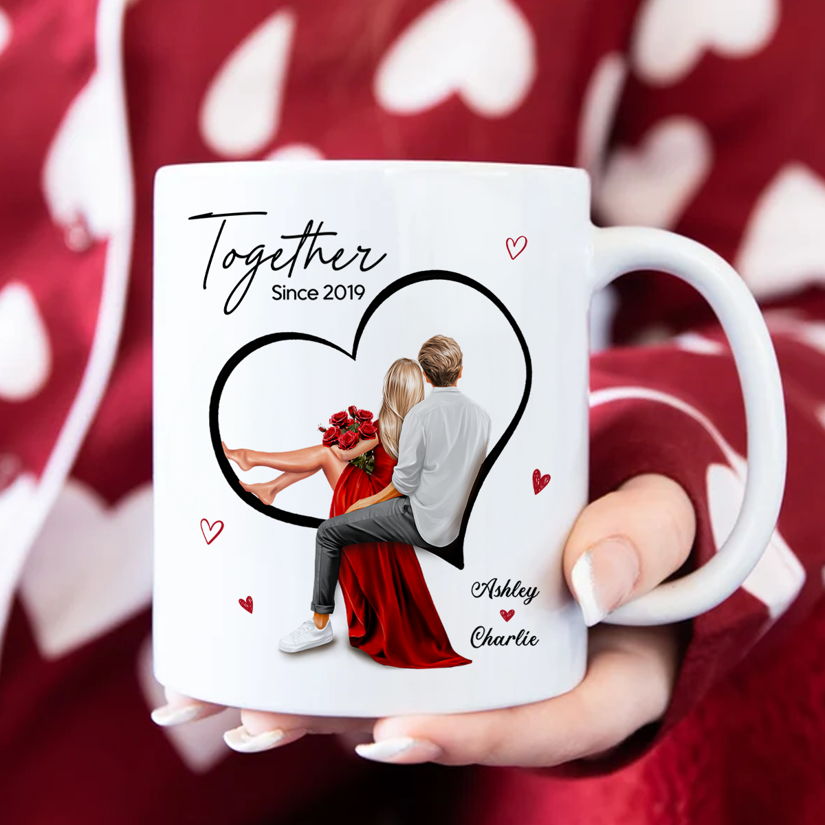 Couple Sitting On Heart Personalized Mug, Valentine's Day Gift, Anniversary Gift for Couples