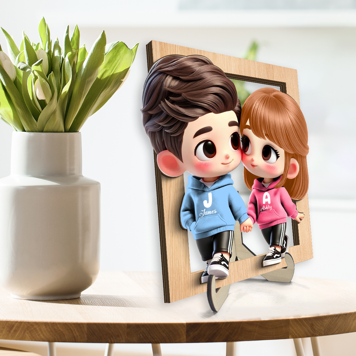 Cute Cartoon Couple Holding Hands Personalized 2-Layered Wooden Plaque, Anniversary & Valentine's Day Gift for him, Gift for her