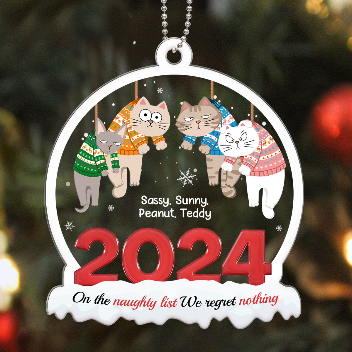 On The Naughty List We Regret Nothing, Hanging Cats Personalized Acrylic Ornament