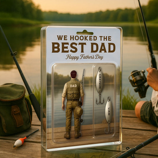 We Hooked The Best Dad Fishing With Kids' Names Custom Figure Personalized Acrylic Block Plaque, Perfect Father's Day Gift For Him, For Dad, Fishing Lover