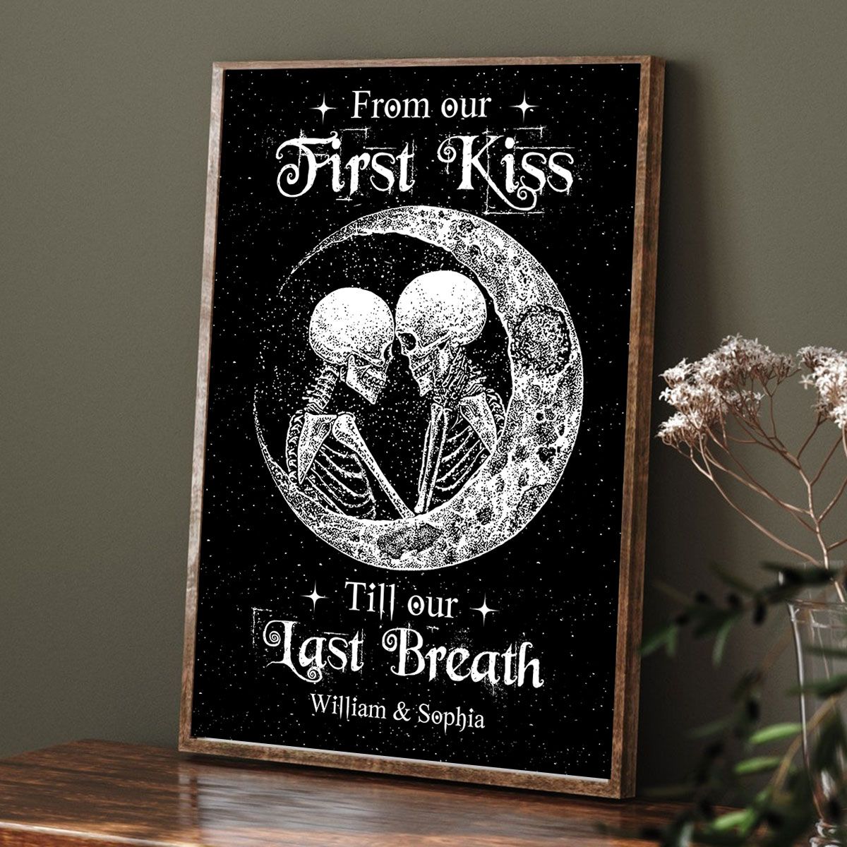 Skeleton Skull Couple I Love You To The Moon And Back Personalized Vertical Poster, Gothic Home Decoration