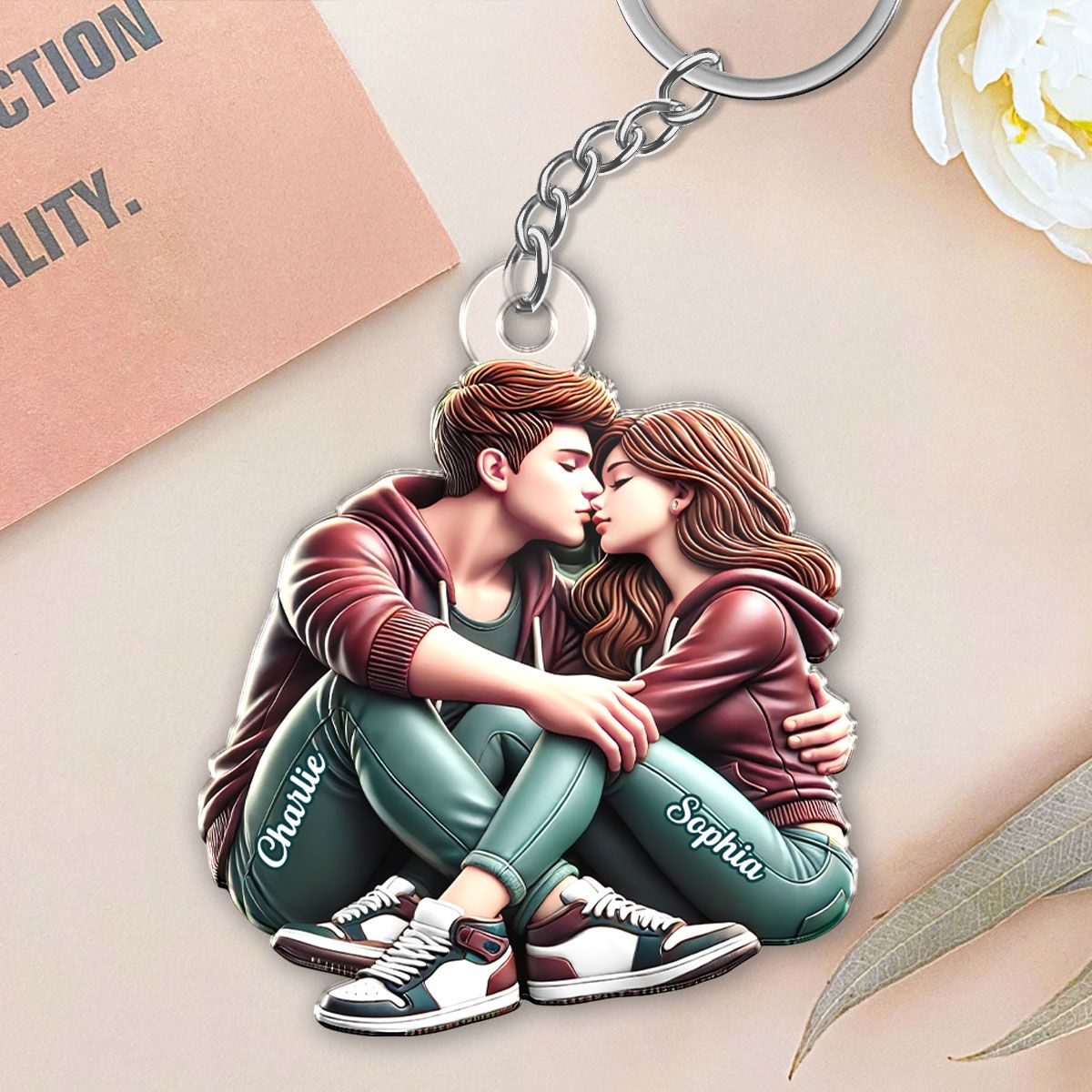 Couple Sitting Kissing Personalized Acrylic Keychain, Heartfelt Gift For Couple, For Him, For Her, Boyfriend, Girlfriend, Husband, Wife