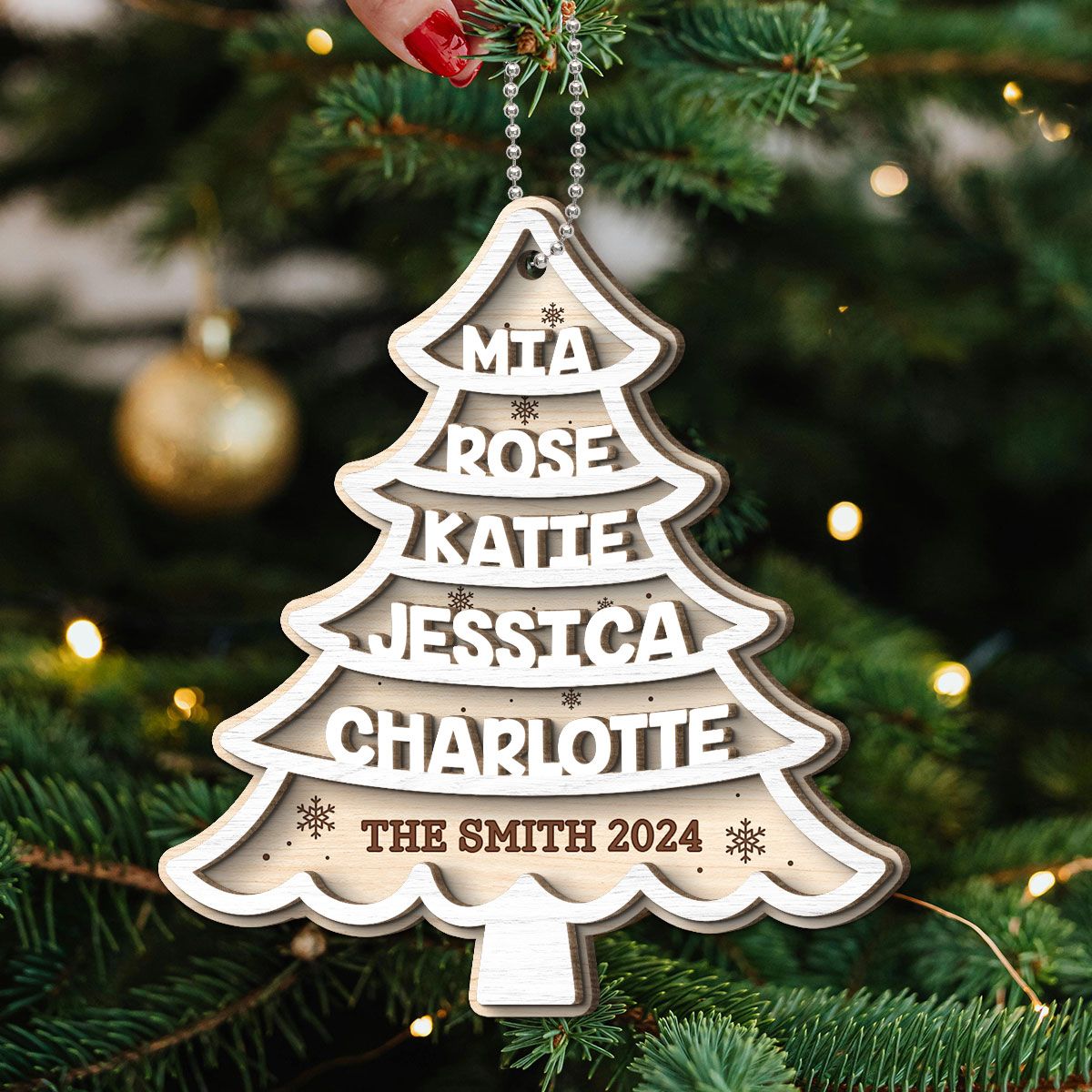 Family Members Names White Christmas Tree Personalized 2-Layer Wooden Ornament