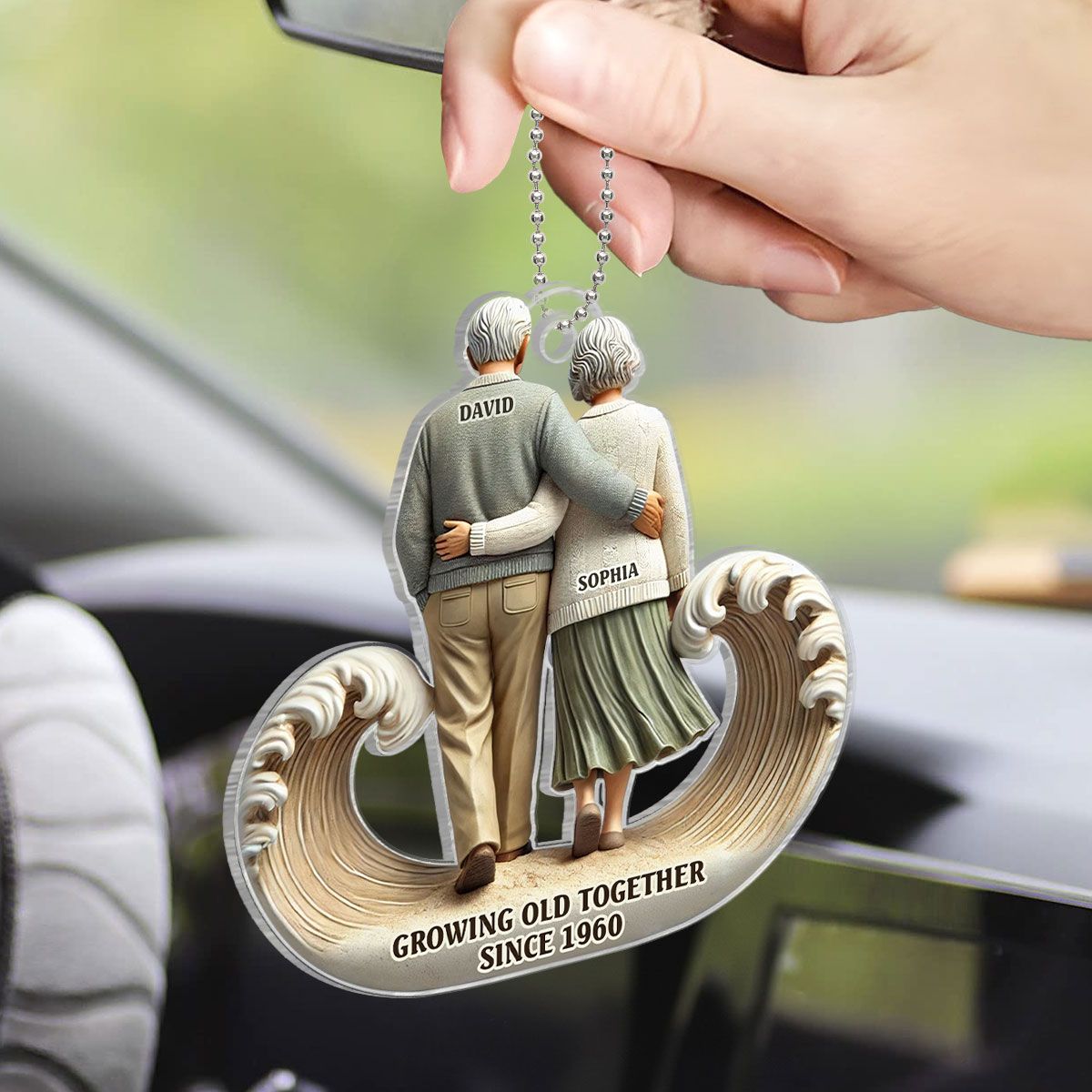 Sea Waves Old Couple Walking Together Personalized Car Hanger Ornament, Heartfelt Gift For Couple, For Him, For Her, Husband, Wife